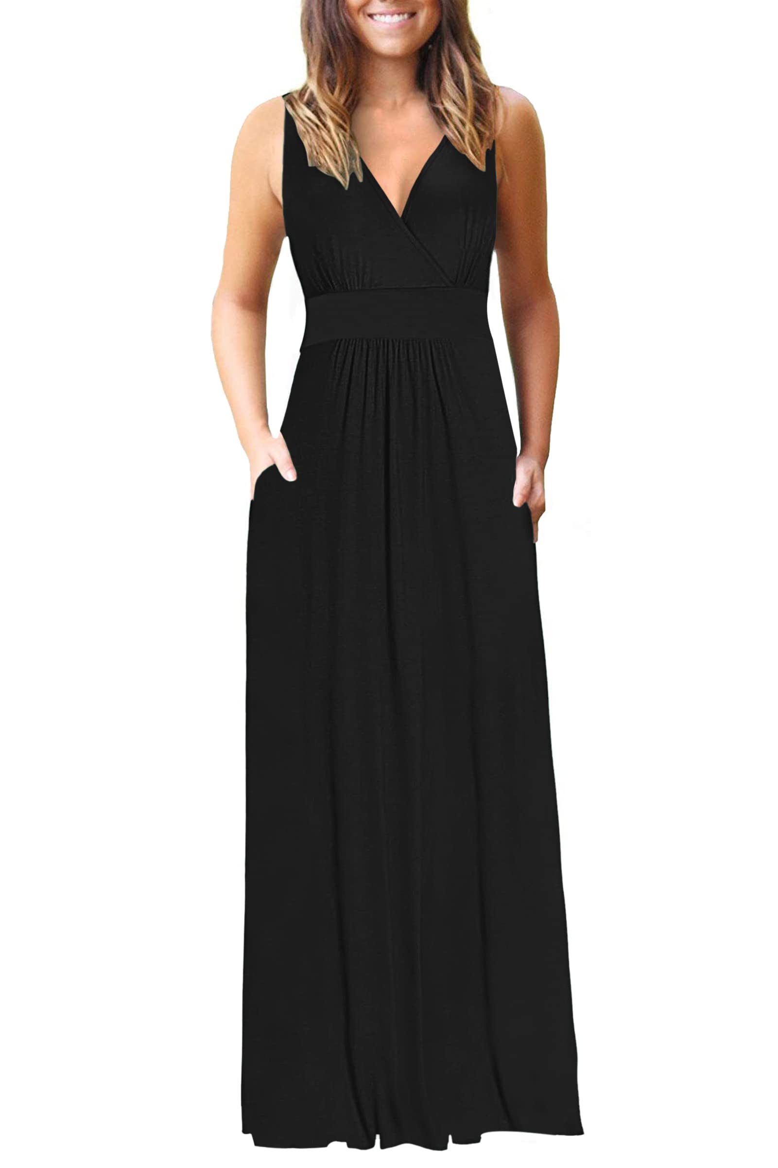 AUSELILY Women's Elegant Sleeveless Deep V-Neck Formal Maxi Dress with Pockets - 2025 New Cocktail Party Gown for Evening Events, Weddings & Special Occasions