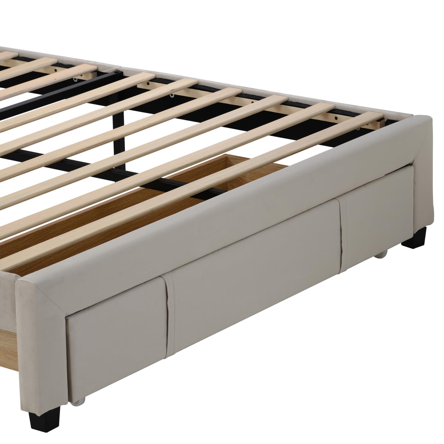 JINS&VICO Queen Size Velvet Upholstered Platform Bed Frame with Storage Drawer - No Box Spring Needed, Beige | Modern Bedroom Furniture for Adults, Teens, Boys & Girls | Perfect for Small Spaces & Master Bedrooms