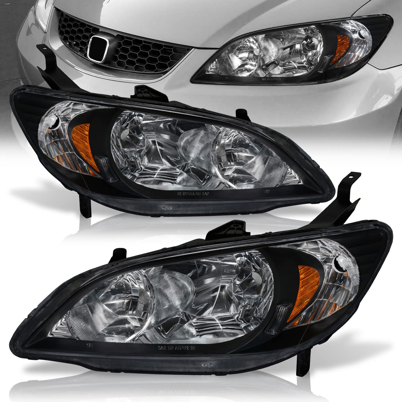 2004-2005 Honda Civic Headlight Assembly - Black Housing with Clear Lens & Amber Reflectors | Direct Replacement & Upgrade Headlights | Perfect for Night Driving & Car Restoration Projects