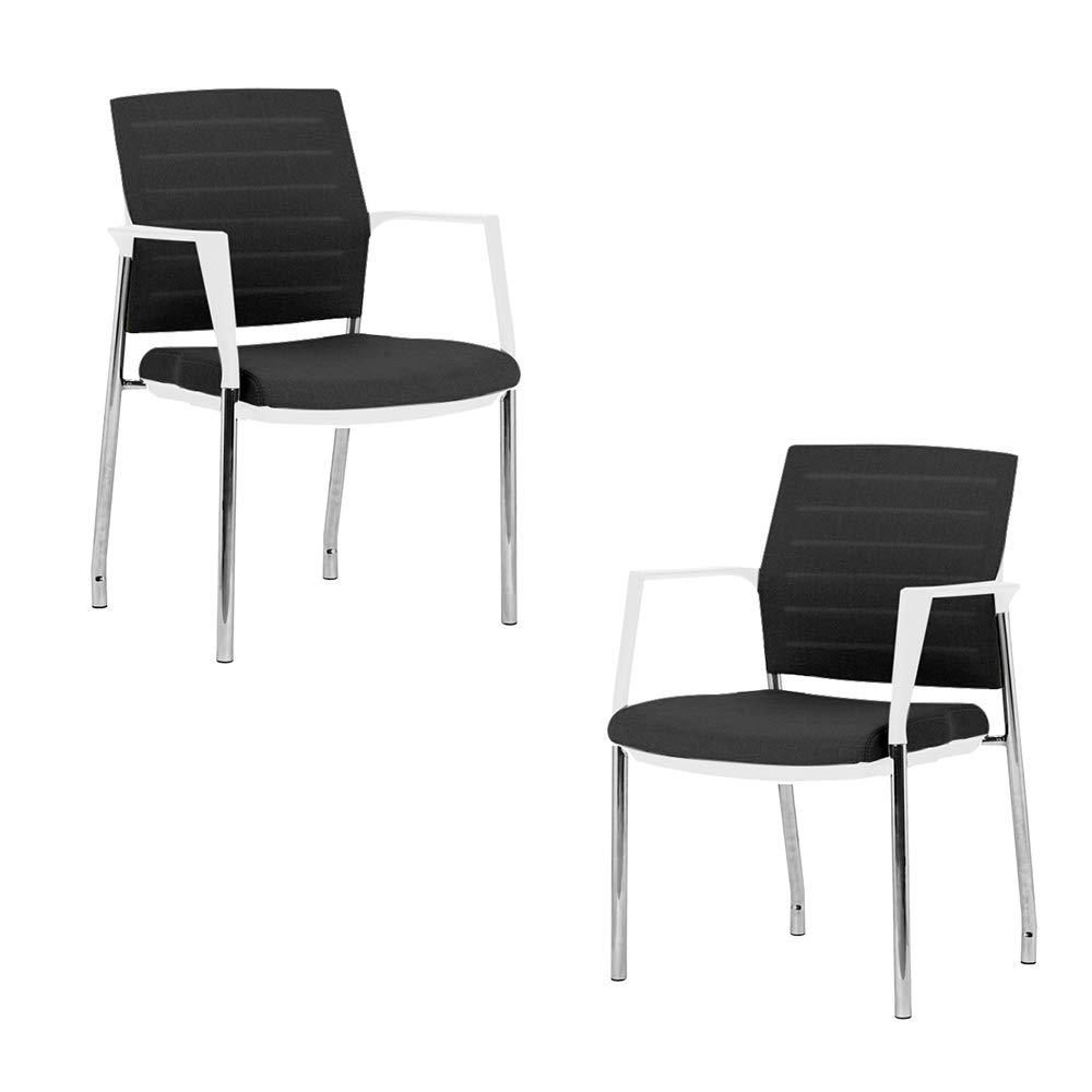 Modern Mesh Upholstered Stacking Office Chair with Armrests - Ergonomic Stackable Guest/Reception Chair for Office & Conference Room (Set of 2, Black Fabric with White Frame) - Perfect for Home Office, Waiting Areas & Meeting Spaces