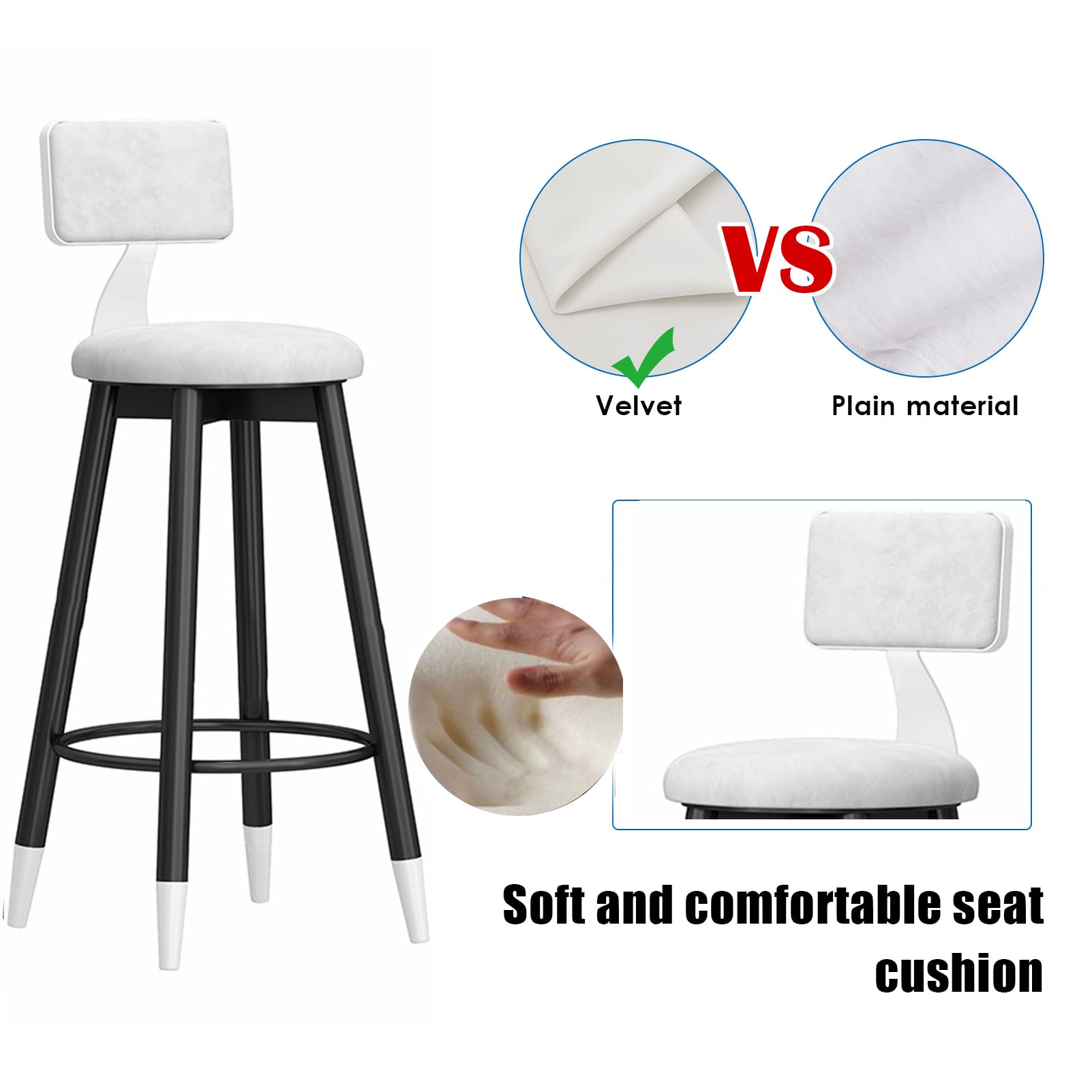 Velvet Padded Metal Bar Stools with Back - 300 LBS Capacity Counter Height Bar Chairs for Kitchen Island, Home Bar, and Dining Room Decor