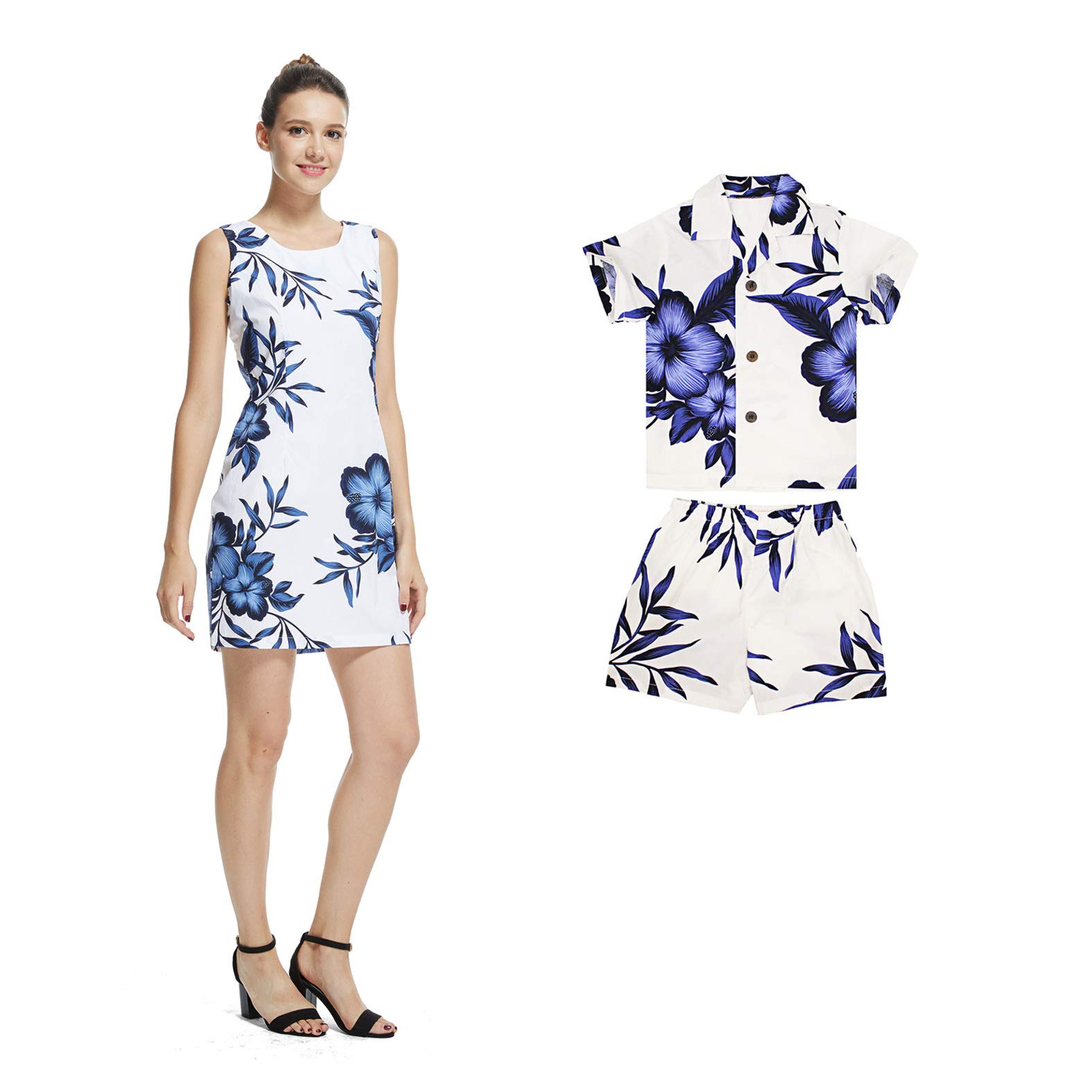 Hawaiian Luau Matching Outfits for Mother and Son - Women's Dress & Boy's Shirt Set with White Map Print | Perfect for Family Vacations, Beach Parties, and Tropical Themed Events