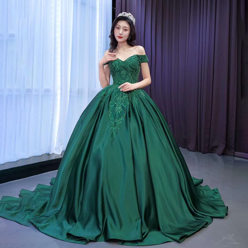 Luxury Dark Green Off-Shoulder Lace Wedding Dress with Beaded Details - Custom Made Bride Gown HM67533 | Perfect for Beach Weddings, Vow Renewals & Romantic Photoshoots