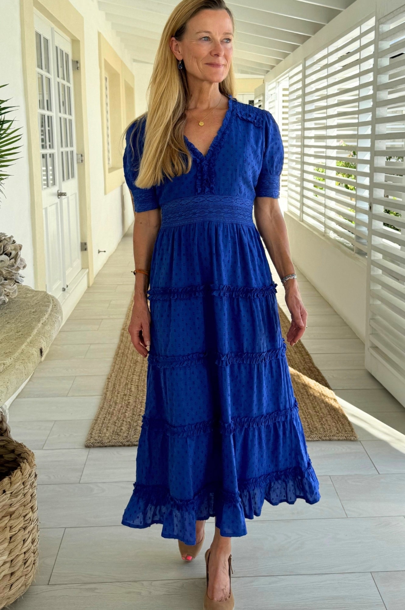Organic Cotton Viola Short Sleeve Dobby Dress in Cobalt Blue - Perfect for Summer Outings, Beach Vacations & Casual Wear