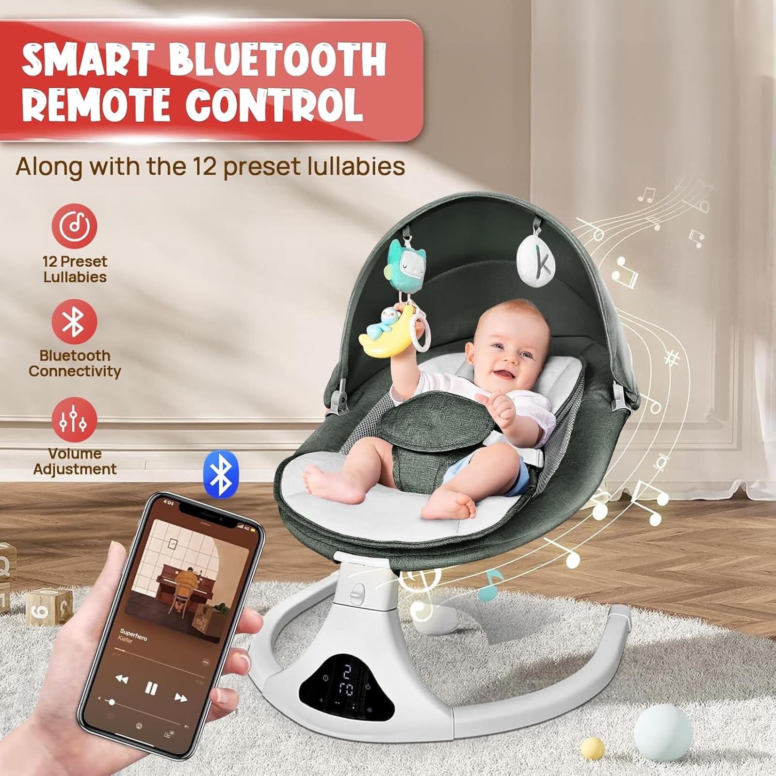 Portable Baby Swing for Infants to Toddlers - 5 Speed Adjustable Rocker with Remote Control, 3-Point Safety Harness & 3 Reclining Positions - Perfect for Nursery, Living Room or Travel (Green) | Ideal for Newborns, Baby Boys & Girls