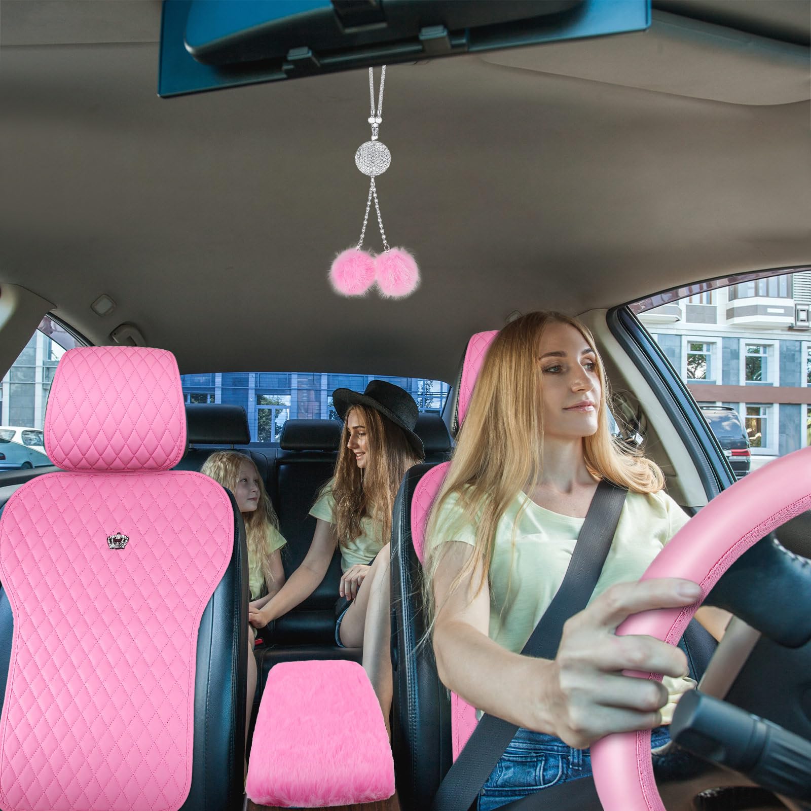 15-Piece Pink Leather Car Accessories Set - Seat Covers, Steering Wheel Cover, Seat Belt Pads & Mirror Hanging Decor | Luxury Interior Upgrade for Women's Cars (Perfect Gift for Valentine's Day & Car Enthusiasts)