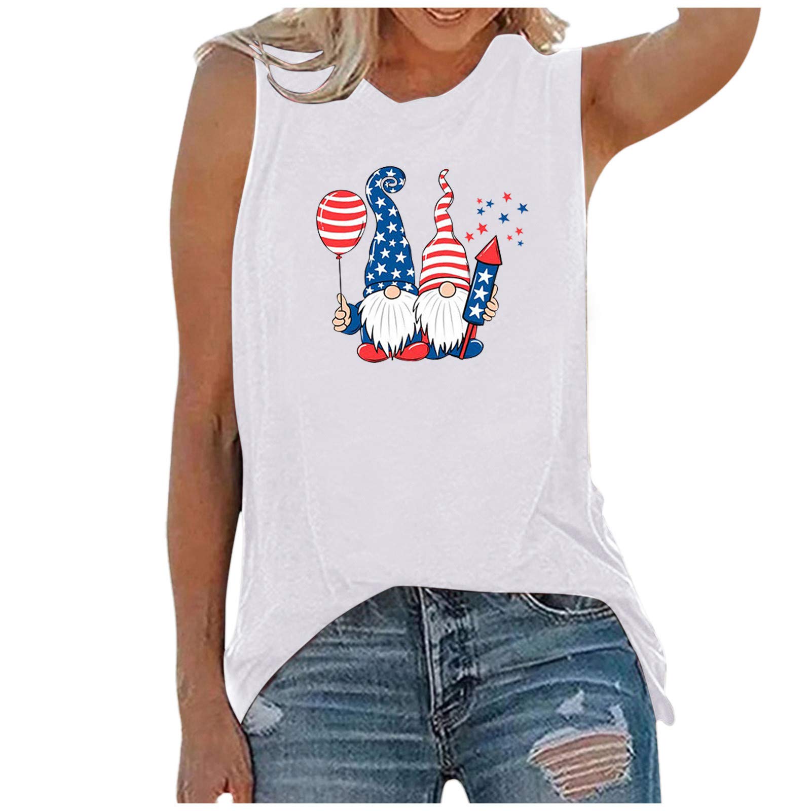 Funny Stars and Stripes Gnomes Print Women's Graphic Tank Tops - Sleeveless Round Neck Tee Shirts for Workout, Gym & Casual Wear | Patriotic Summer Fashion