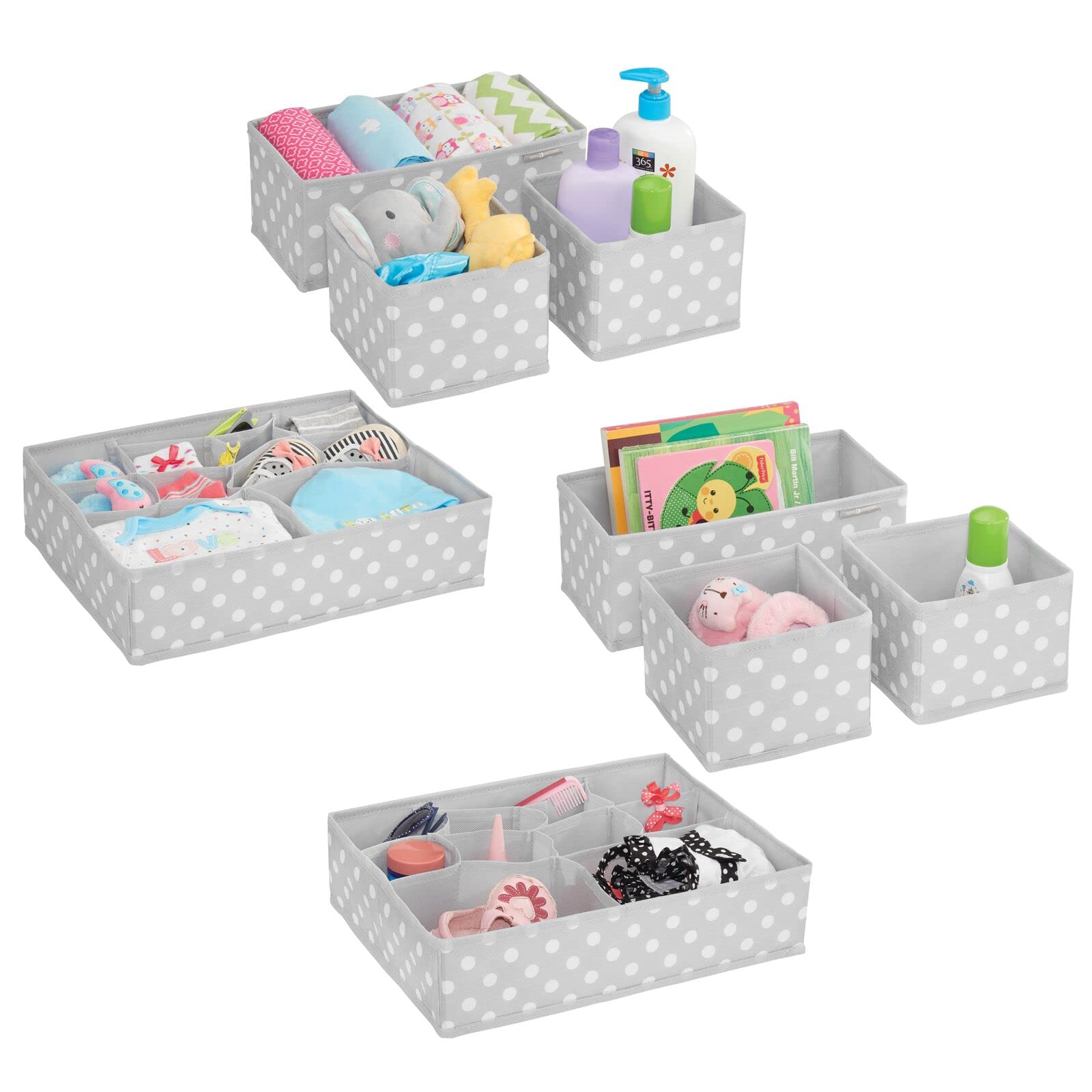 mDesign Fabric Drawer Organizer Bins - Set of 4 or 2 Pack, Gray/White Polka Dot - Perfect for Kids & Baby Nursery Dresser, Closet, Shelf & Playroom Organization - Holds Clothes, Toys, Diapers, Bibs & Blankets - Ideal for Home, Office & Daycare Storage Solutions