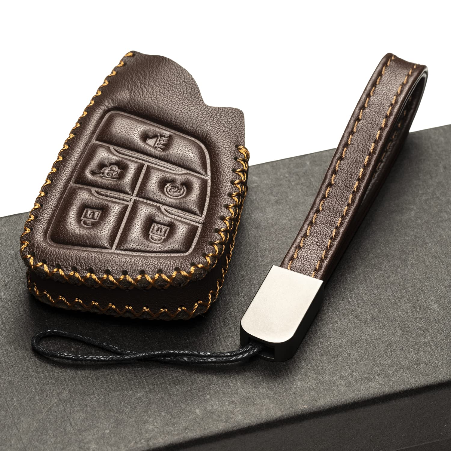 Genuine Leather Smart Key Fob Case with Key Strap for 2025 Chevrolet Suburban, Tahoe & Silverado (5-Button, Brown) - Premium Protection & Style for Your Car Keys | Perfect for Daily Use, Travel & Key Organization