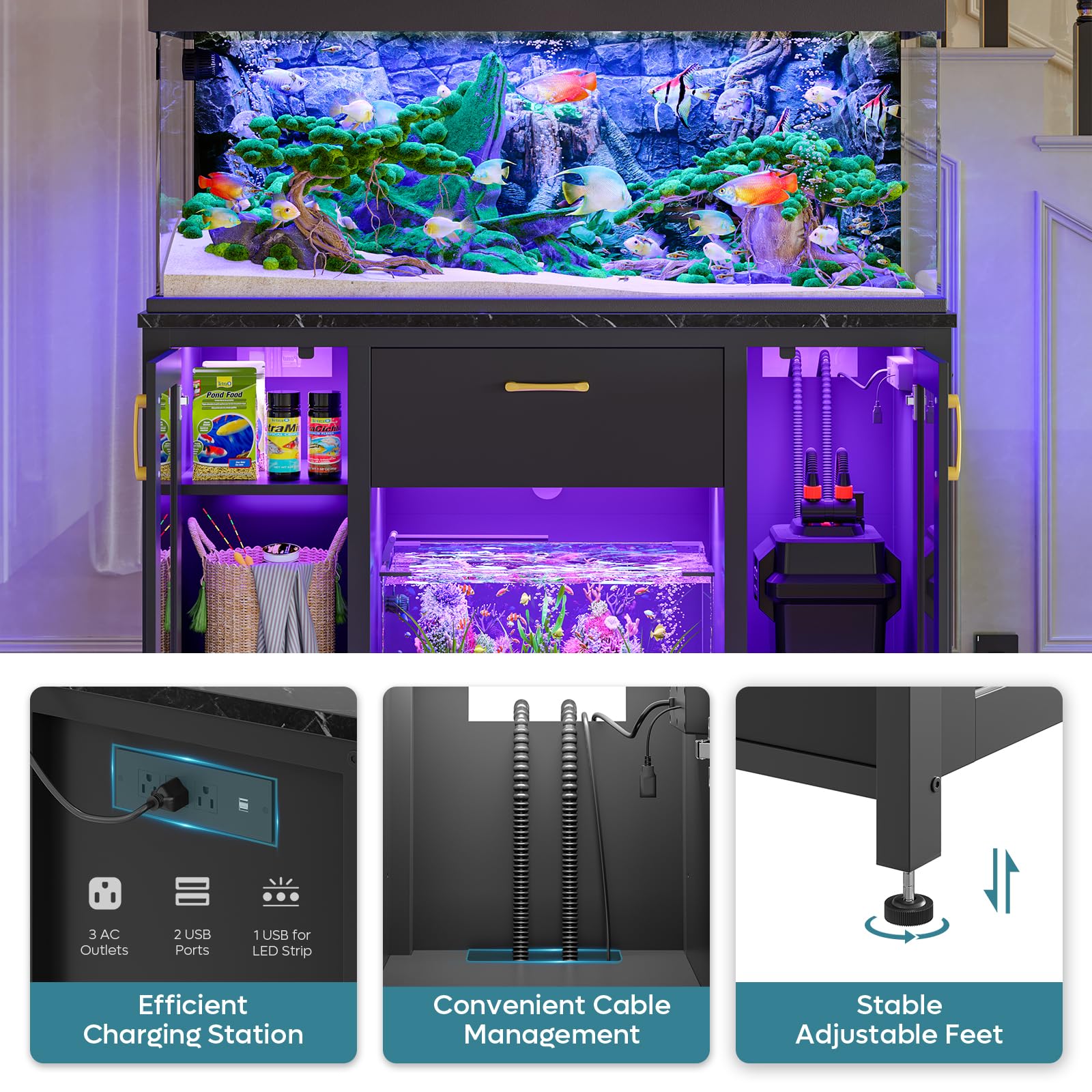 Bestier 55-75 Gallon Heavy Duty Aquarium Stand with Power Outlet & LED Light - 49.2