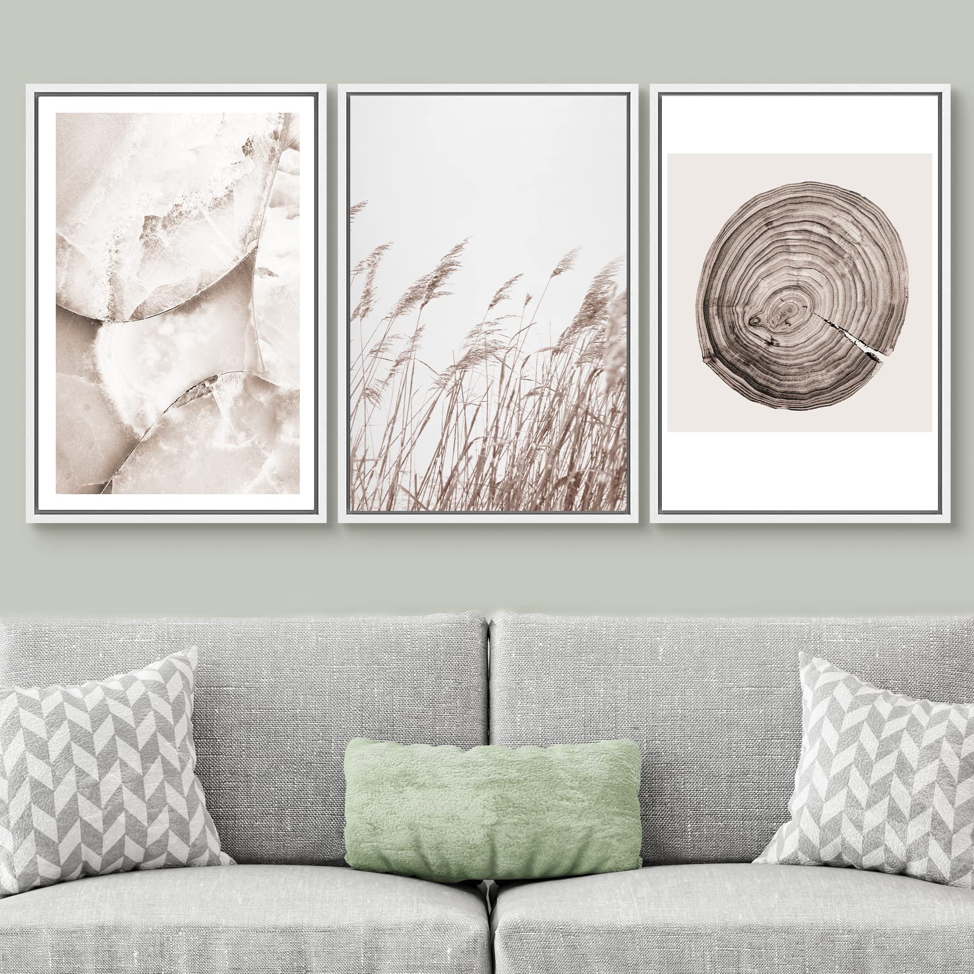 3 Piece Framed Canvas Wall Art - Grass Landscape Prints for Home Decor | 16x24 Inch White Wood Frame | Perfect for Living Room & Bedroom Wall Decoration