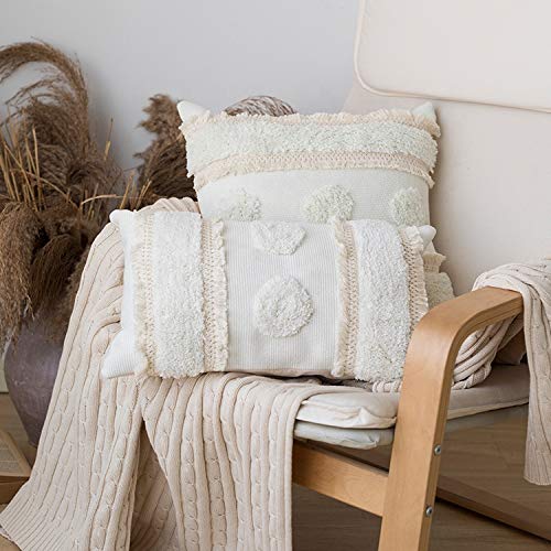 Boho Modern Tufted Shaggy Decorative Throw Pillow Cover for Couch, Sofa or Bed - Cream Lumbar Pillow Case 12x20 Inches (No Insert) - Perfect for Living Room, Bedroom Decor & Home Styling