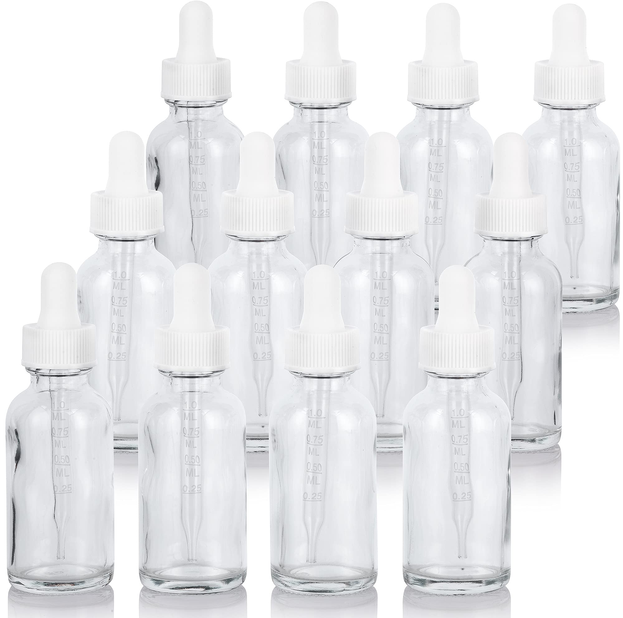 JUVITUS 12 Pack 1 oz Clear Glass Boston Round Bottles with White Caps & Graduated Droppers - Essential Oil, CBD, Tincture Storage Bottles for DIY, Aromatherapy, and Travel Use