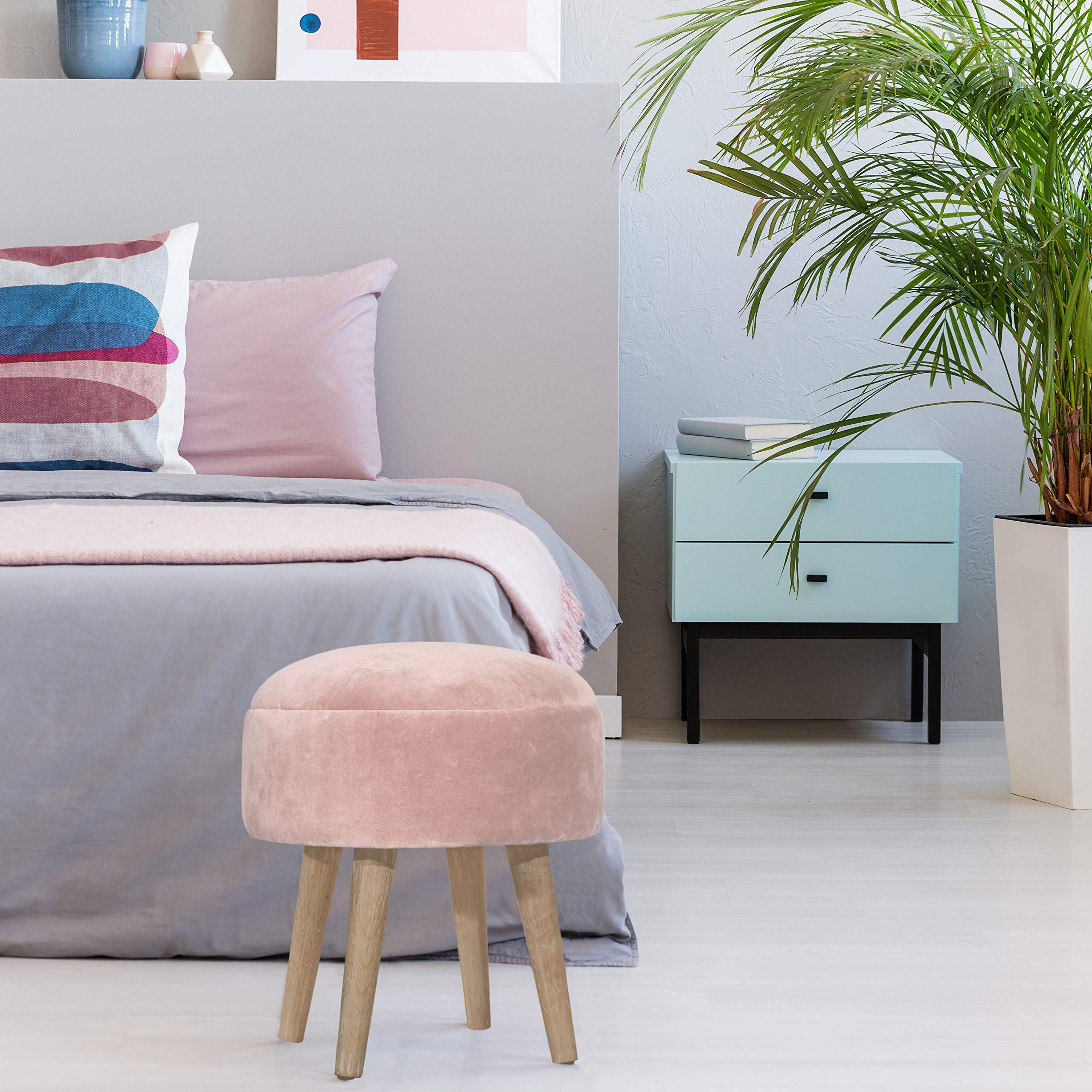 Hillsdale Furniture Mid-Century Modern Rounded Vanity Stool with Tufted Seat - Coral Blush Pink Accent Stool for Bedroom, Dressing Room & Makeup Area