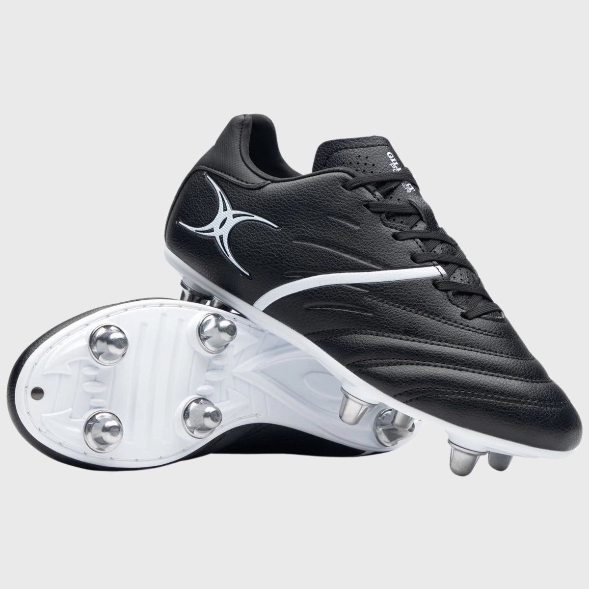 Gilbert Sidestep X20 Junior 6 Stud Rugby Boots for Kids - Black/White Rugby Cleats - Perfect for Youth Rugby Training & Matches on Wet Grass Fields