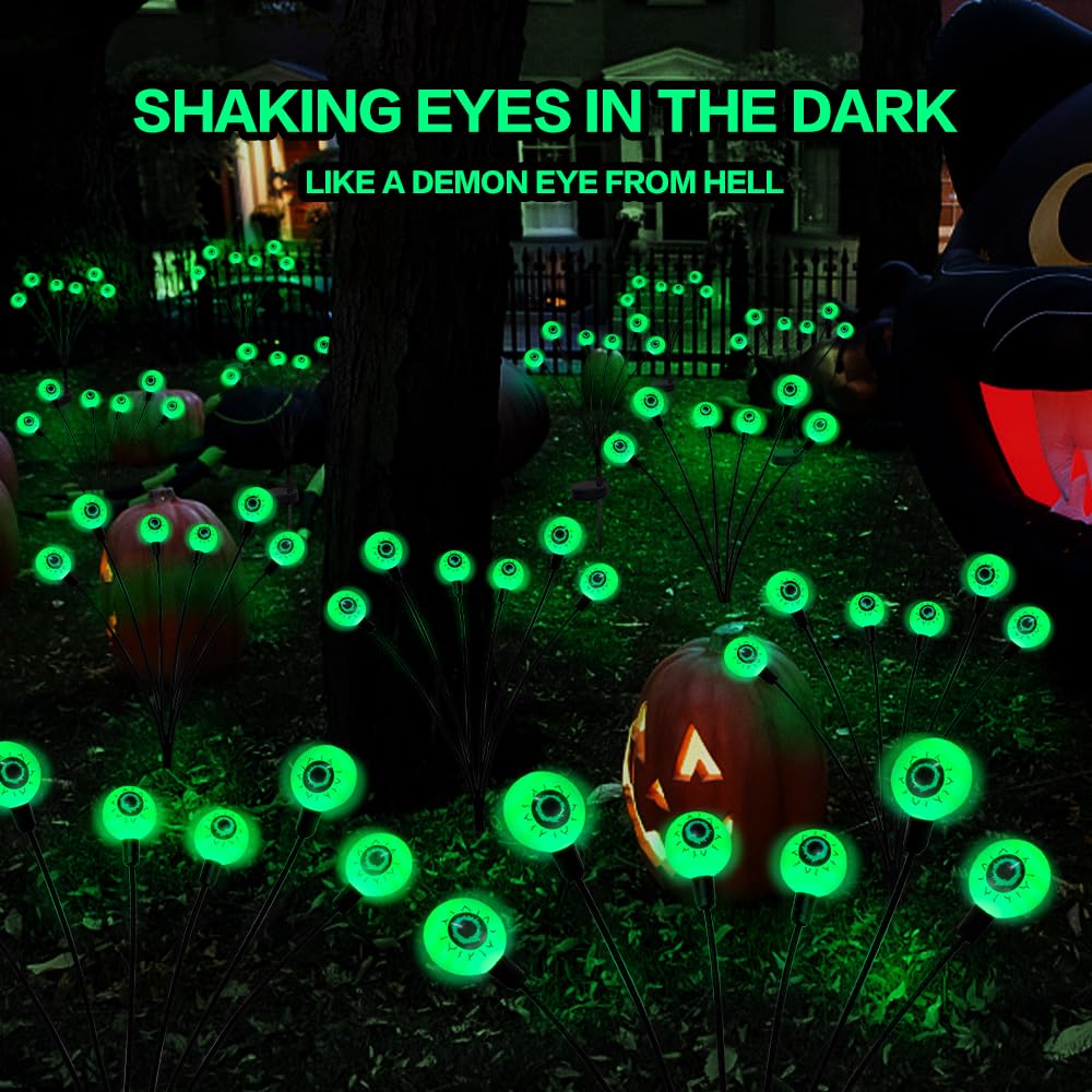 Outdoor Solar Halloween Decorations - 2 Pack 12 LED Green Scary Eyeball Lights, Waterproof Swaying Firefly Path Lights for Yard, Garden, Lawn & Party - Perfect for Spooky Halloween Night Decorations & Haunted House Themes