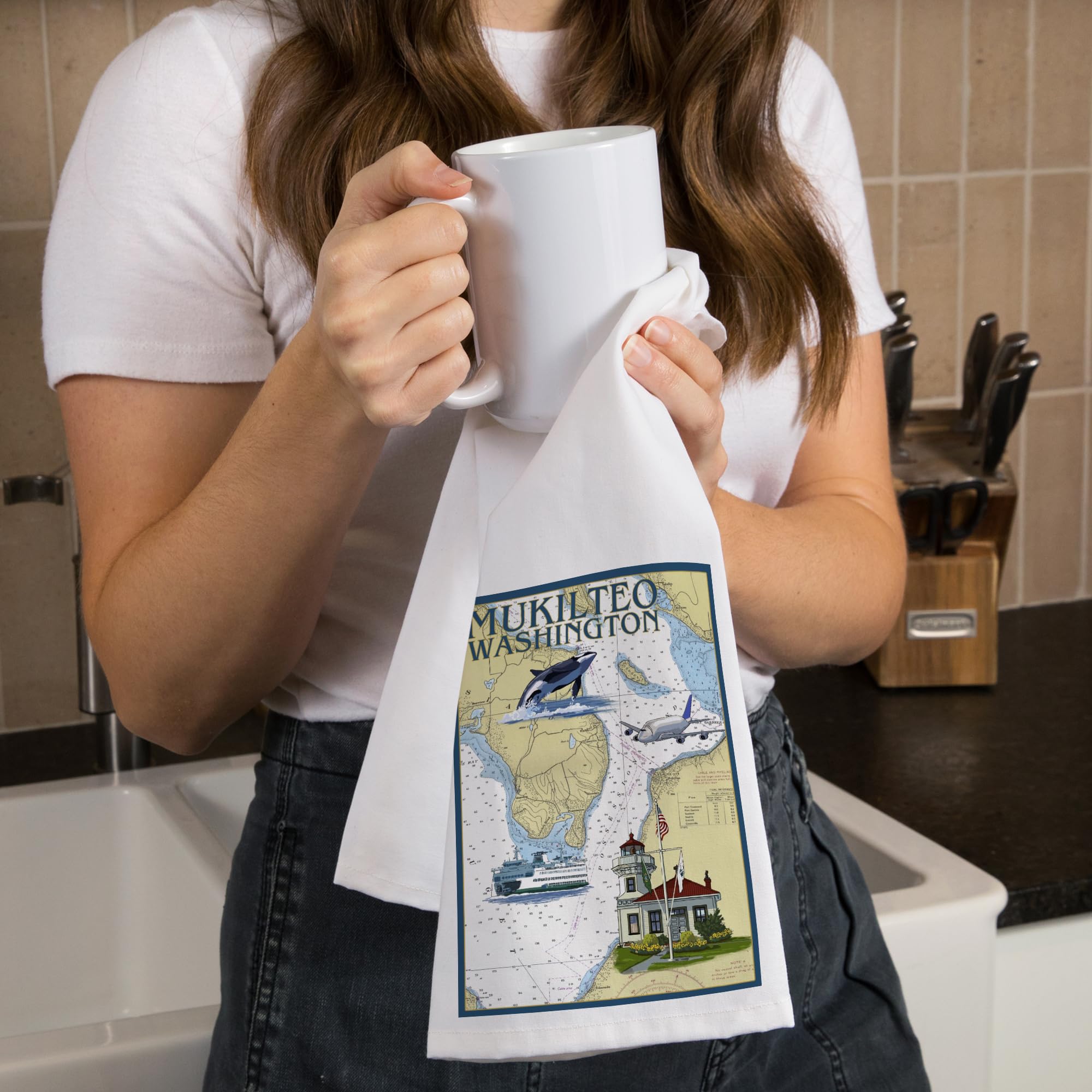 Lantern Press Mukilteo Washington Nautical Chart Tea Towel - 100% Cotton Decorative Hand Towel for Kitchen & Home Decor | Perfect for Coastal Themed Kitchens, Gifts & Beach House Decor