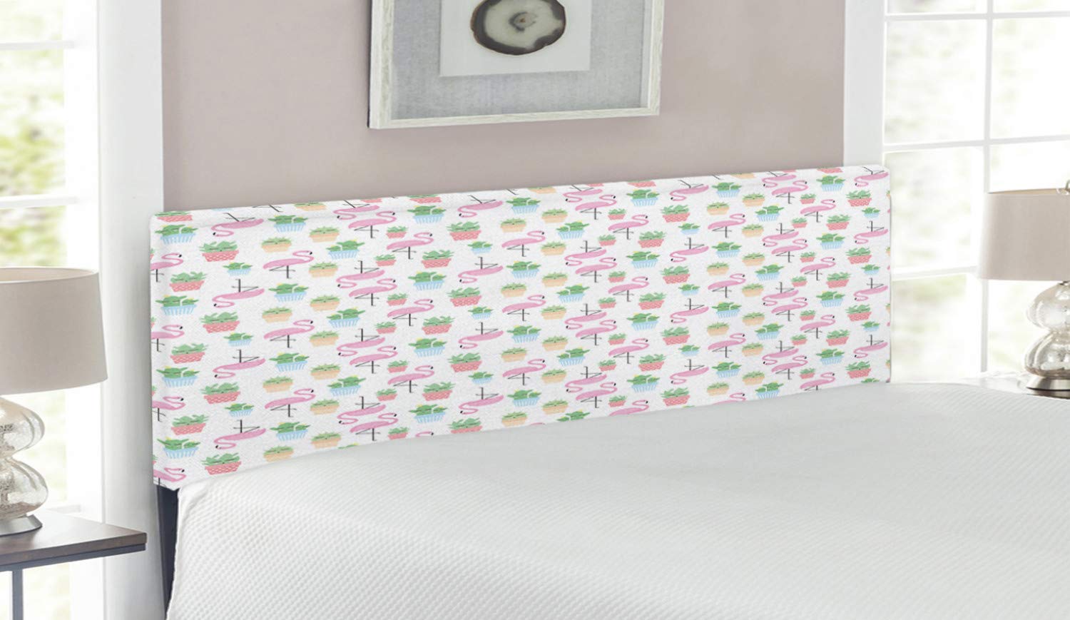 Ambesonne Queen Size Upholstered Headboard with Memory Foam - Tropical Cactus & Flamingo Cartoon Design, Decorative Metal Bed Frame for Boho Bedroom Decor | Perfect for Guest Rooms, Dormitories & Tropical Themed Bedrooms