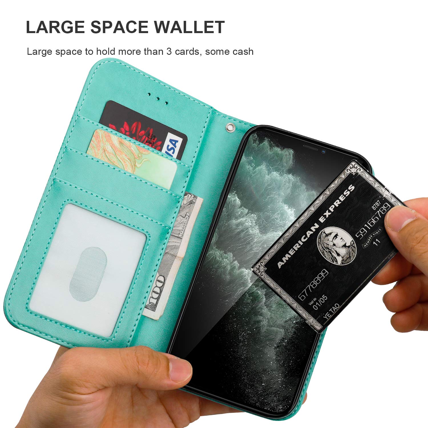 KIHUWEY iPhone 12 Pro Max Wallet Case (6.7 Inch) - PU Leather Mandala Flower Embossed Cover with Card Holder, Wrist Strap, Kickstand & Lanyard | Protective Phone Purse for Women | Mint Green | Perfect for Travel, Shopping & Everyday Use