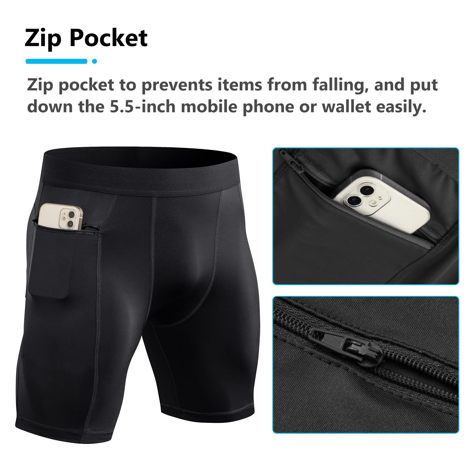 1/3 Pack Men's Compression Shorts with Zip Pockets - 8