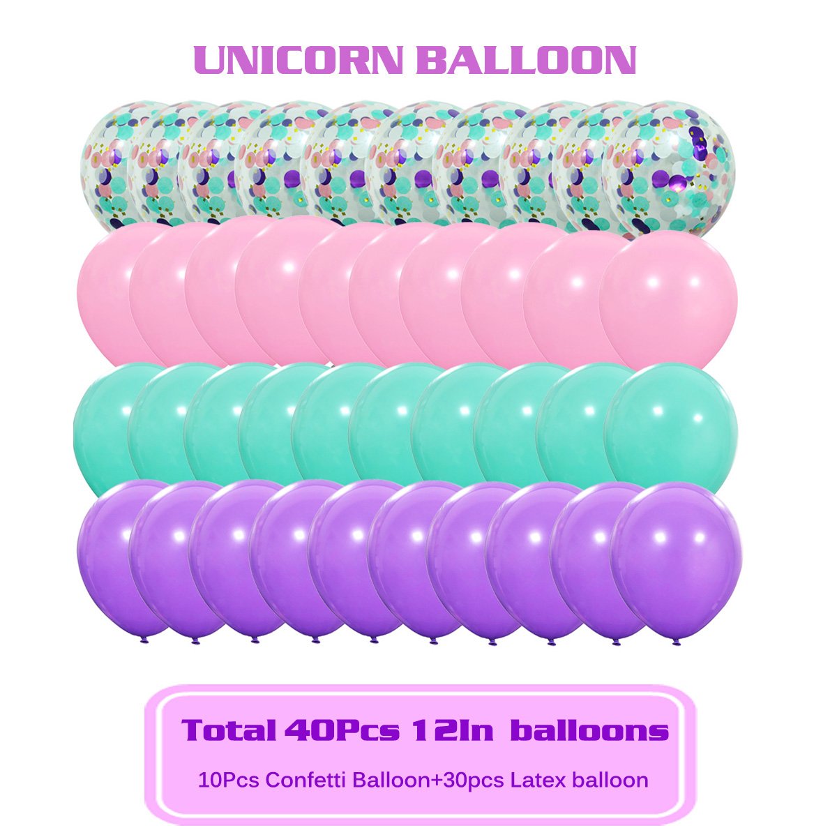 40 Pack Unicorn Balloons - 12 Inch Pastel Latex Balloons in Light Purple, Pink & Seafoam Blue with Confetti & Ribbon for Party Decorations | Perfect for Birthday Parties, Baby Showers, Weddings & Graduation Celebrations