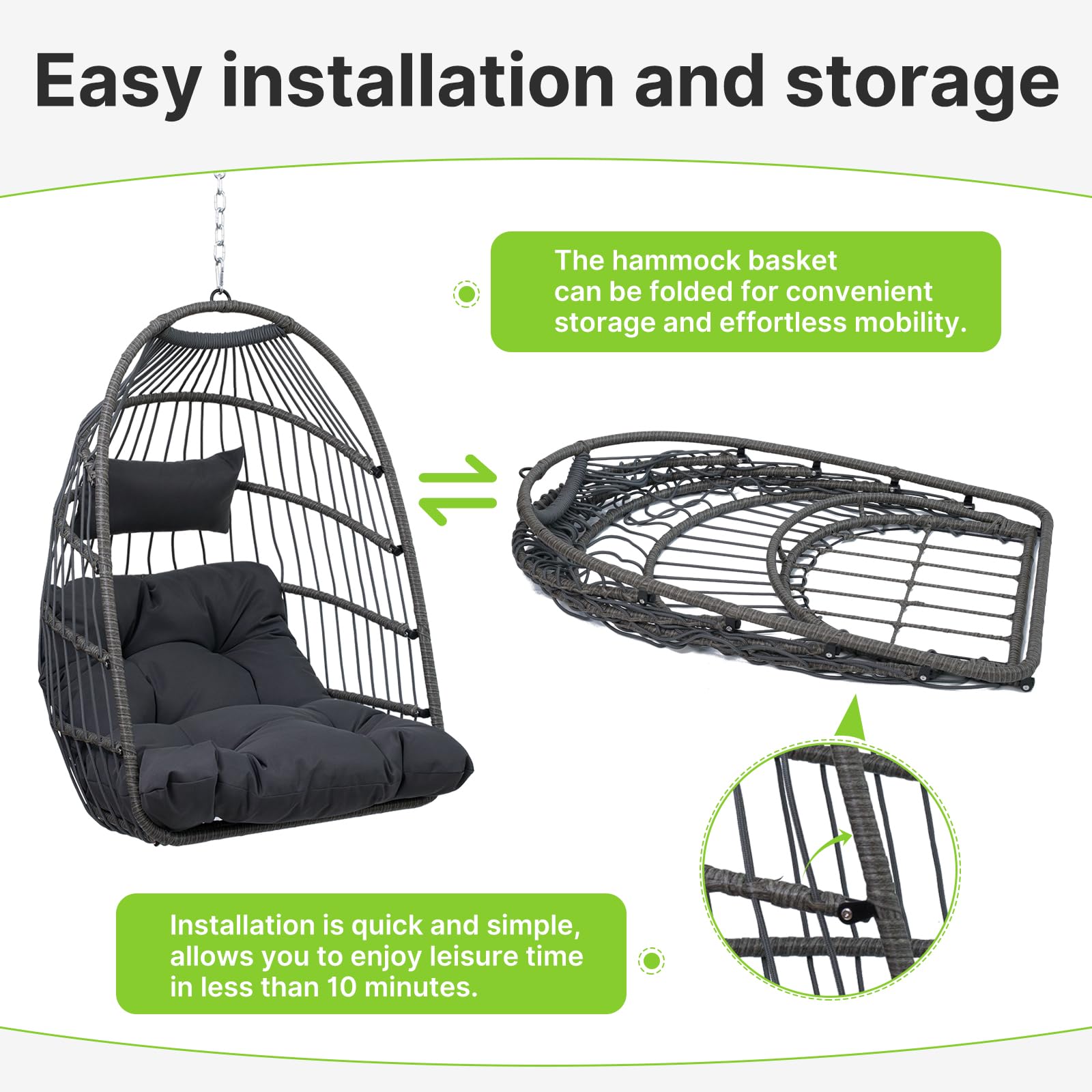 Outdoor Egg Chair with Stand - Foldable Wicker Hanging Swing Chair for Patio, Balcony & Bedroom - Includes Cushions, Supports 350Lbs - All-Weather Indoor/Outdoor Lounge Basket Hammock - Perfect for Relaxing in Gardens, Poolside or Living Rooms