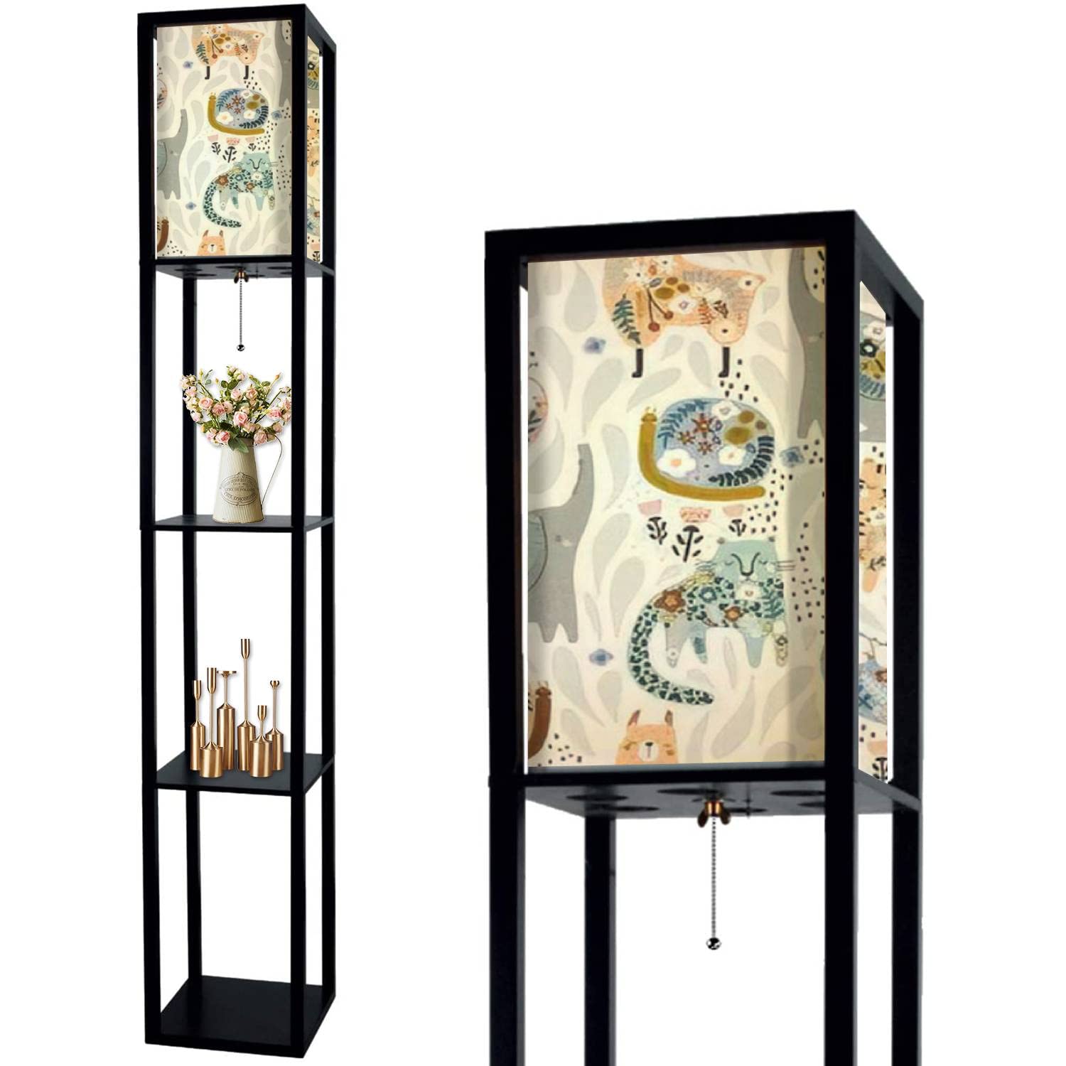 Cute Colorful Elephant Sloth Tiger Cheetah Snail Floor Lamp with Shelves - Modern LED Standing Lamp with Linen Fabric Shade for Living Room, Bedroom, Nursery - Perfect Corner Lamp for Reading, Decor & Ambient Lighting