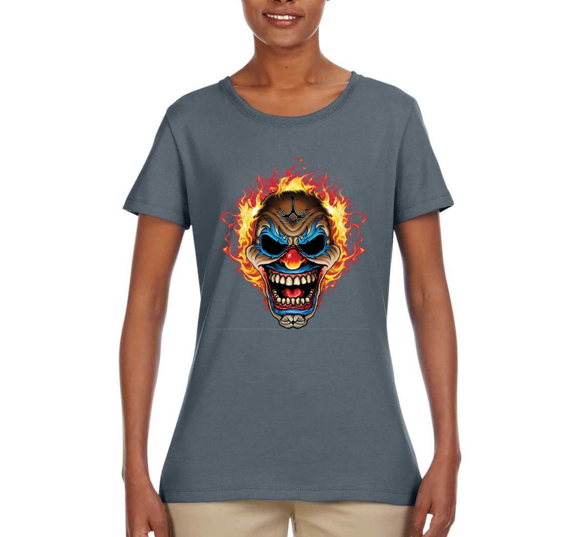 Wild Bobby Flaming Laughing Fierce Clown Cars & Trucks Women's Graphic T-Shirt | Funny Vintage Tee for Parties, Halloween & Casual Wear