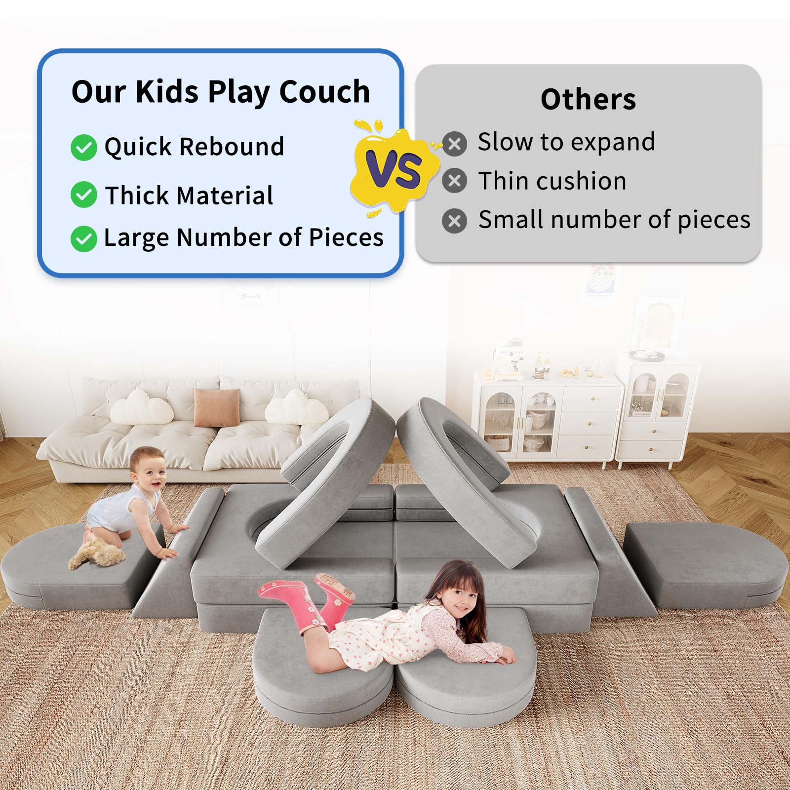 12PCS Modular Kids Play Couch with 2 Triangle Cushions & 4 Arches - Foldable Toddler Sofa for Playroom, Bedroom | Gray Children's Furniture for Boys & Girls | Perfect for Playtime, Reading Nook & Nap Space