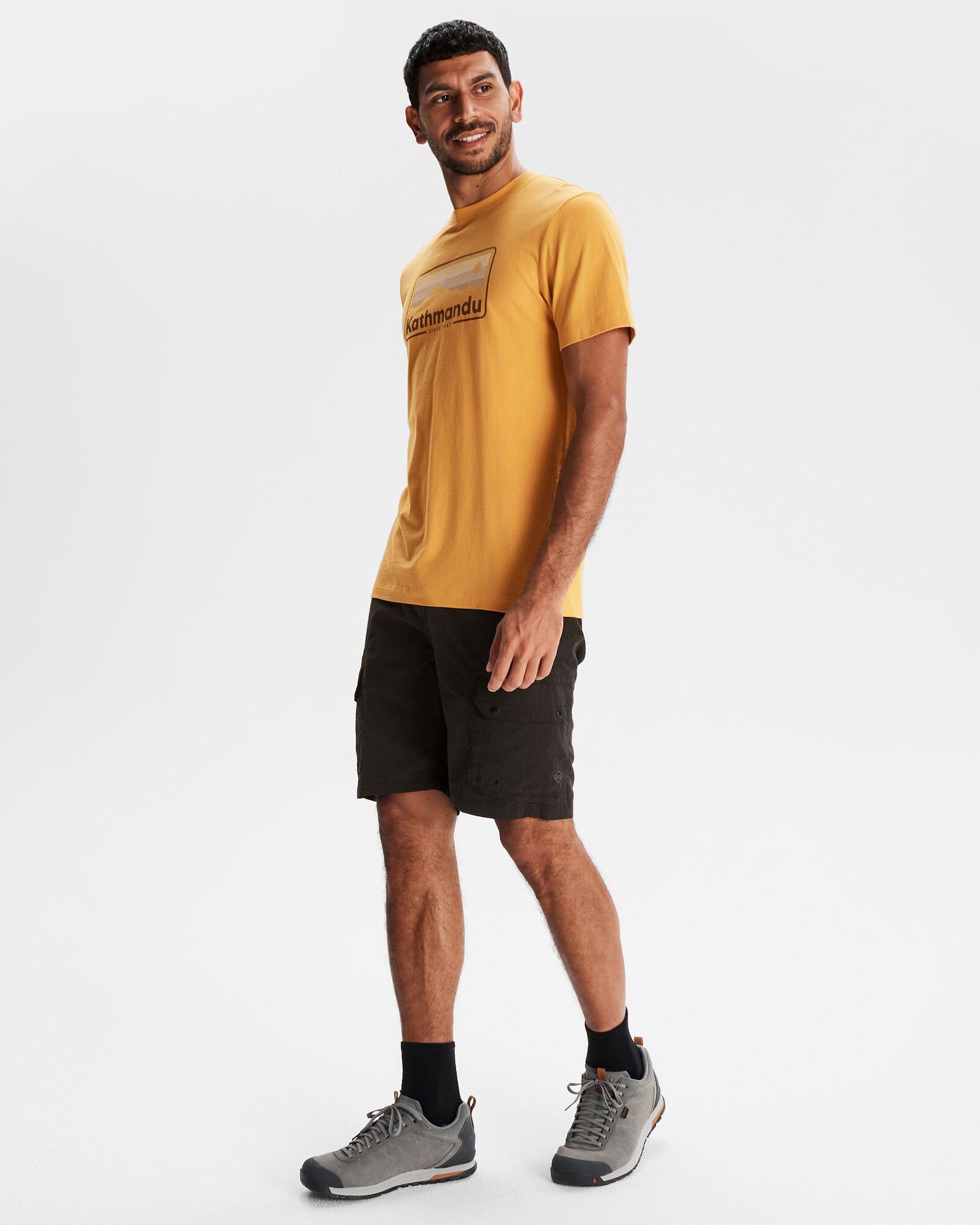 Men's Kathmandu Logo 70's Vintage Organic Cotton T-Shirt - Mustard Yellow - Casual Retro Style for Everyday Wear & Outdoor Adventures