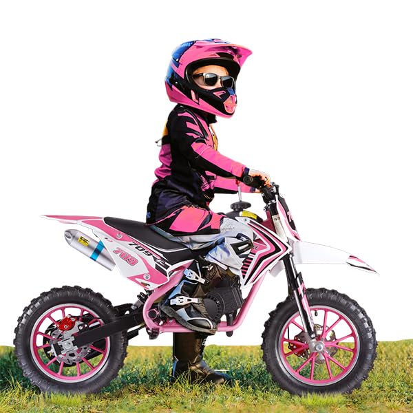 49cc 2-Stroke Gas Powered Kids Dirt Bike - Mini Motorcycle with Front & Rear Disc Brakes | Best Gift for Boys & Girls (Birthday, Christmas, Halloween) | Perfect for Backyard Riding, Off-Road Trails & Motocross Training (Pink)