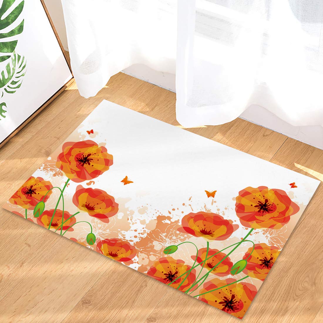 Non-Slip Spring Orange Poppy Flower Butterfly Welcome Doormat - Soft Low Profile Indoor Entrance Mat (20