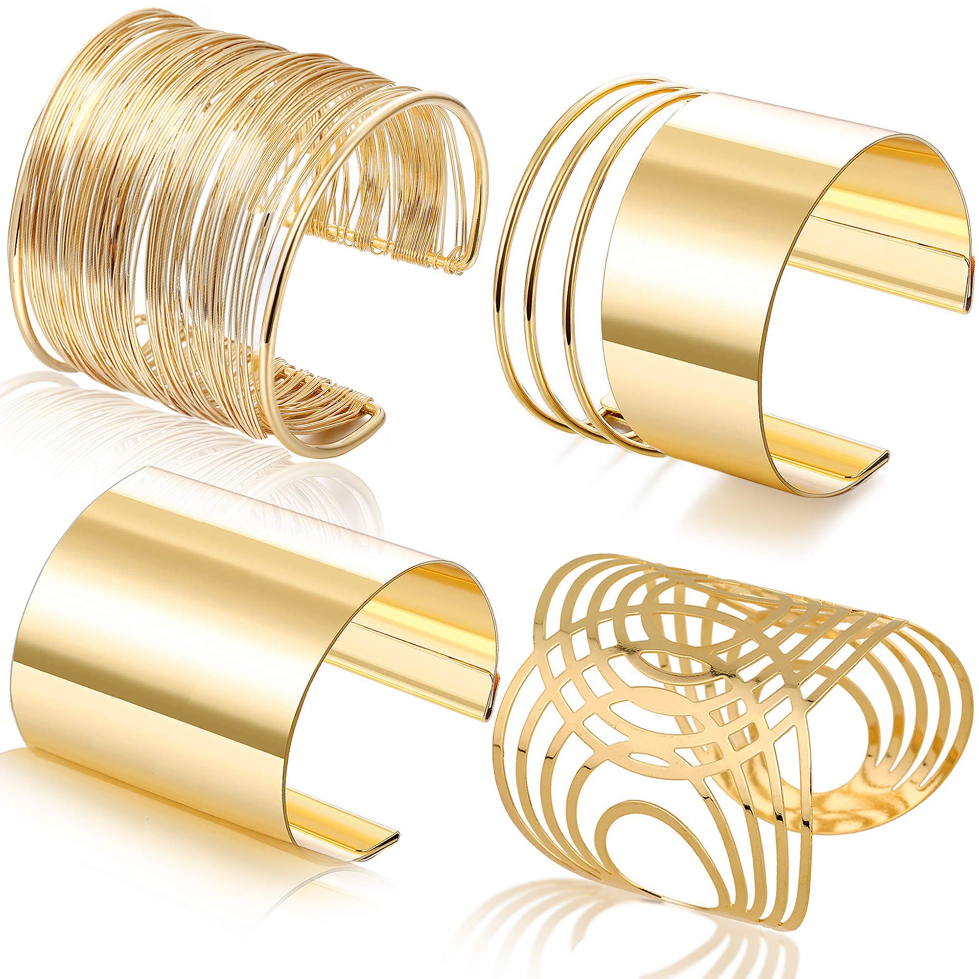 RIOSO 4 Pcs Gold Wire Cuff Bangle Bracelets for Women - Open Wide Wrap Wrist Cuff Bracelet Set - Perfect for Parties, Weddings & Everyday Fashion Accessories