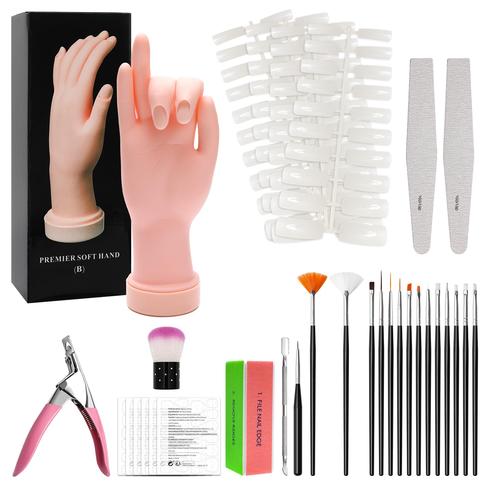 Coitak Professional Acrylic Nail Practice Hand - Flexible Mannequin Hand for Nail Art Training with 200 Nail Tips, Glue, Brush & Clipper - Perfect for Beginners & Salon Practice