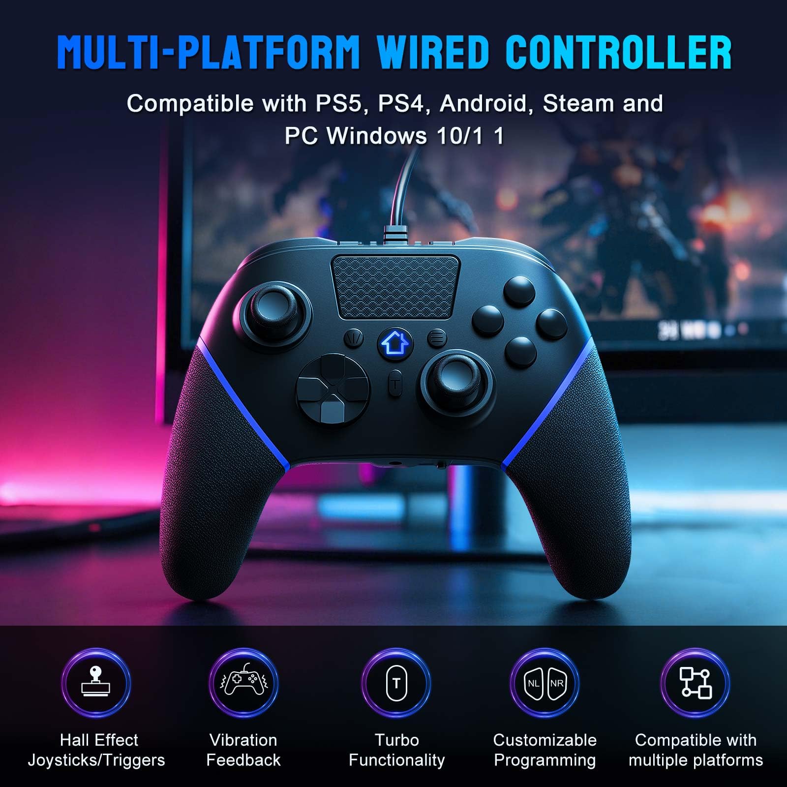 DIANVEN Wired Gaming Controller for PS5 - Hall Effect Joystick & Triggers, Turbo Mode, Dual Vibration - Compatible with Playstation 5/PS4/PC (Black & Blue) | Perfect for FPS, Racing & Fighting Games