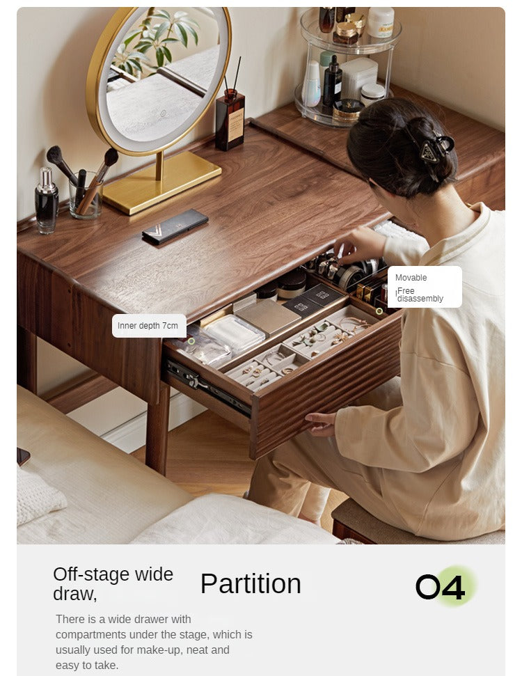 Premium Black Walnut Solid Wood Dressing Table Set with Mirror - Elegant Vanity Desk for Bedroom, Makeup & Beauty Organization