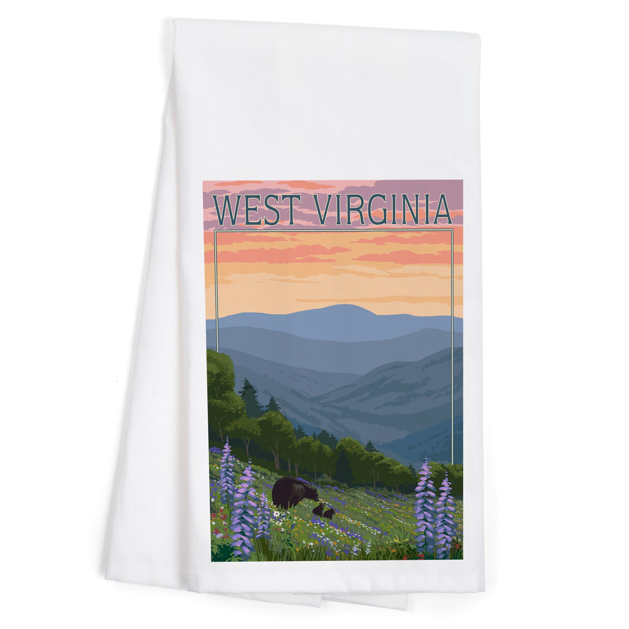 Lantern Press West Virginia Bear and Spring Flowers Cotton Tea Towel - 100% Cotton Decorative Hand Towel for Kitchen, Home Decor, Gift Idea - Perfect for Dish Drying, Wall Art & Cozy Farmhouse Style