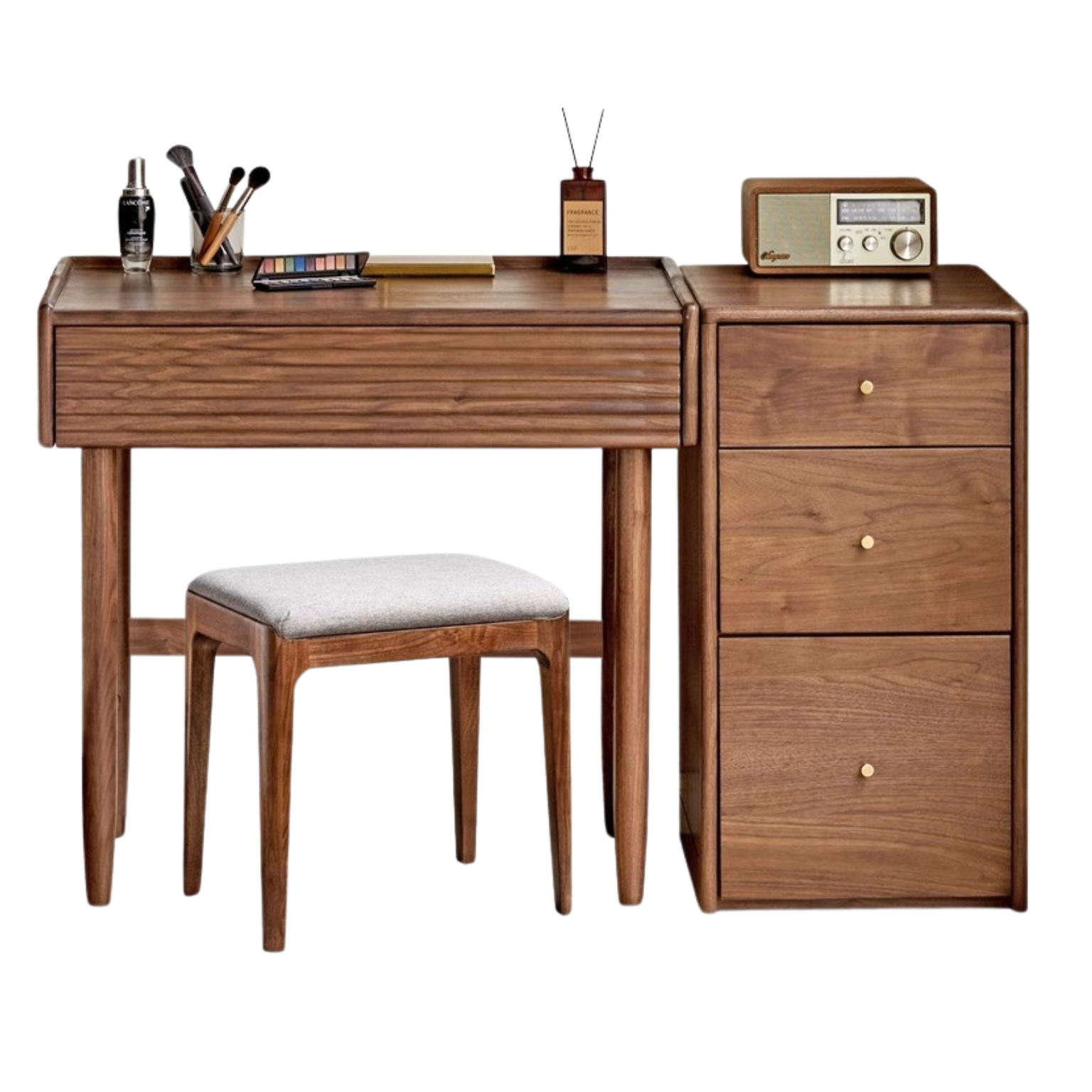 Premium Black Walnut Solid Wood Dressing Table Set with Mirror - Elegant Vanity Desk for Bedroom, Makeup & Beauty Organization