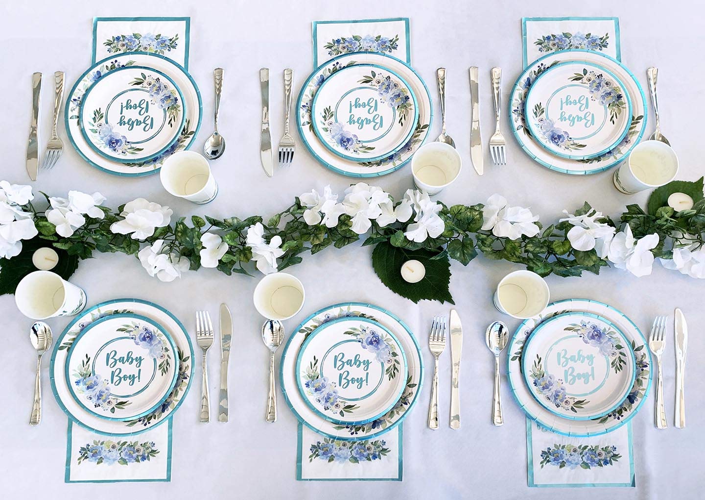 Baby Shower Plates and Napkins Set - 25-Piece Disposable Tableware with Light Blue Foil & Floral Design | Includes Dinner Plates, Dessert Plates, Cups & Napkins | Perfect for Baby Boy Showers, Gender Reveals & Nursery Themed Parties
