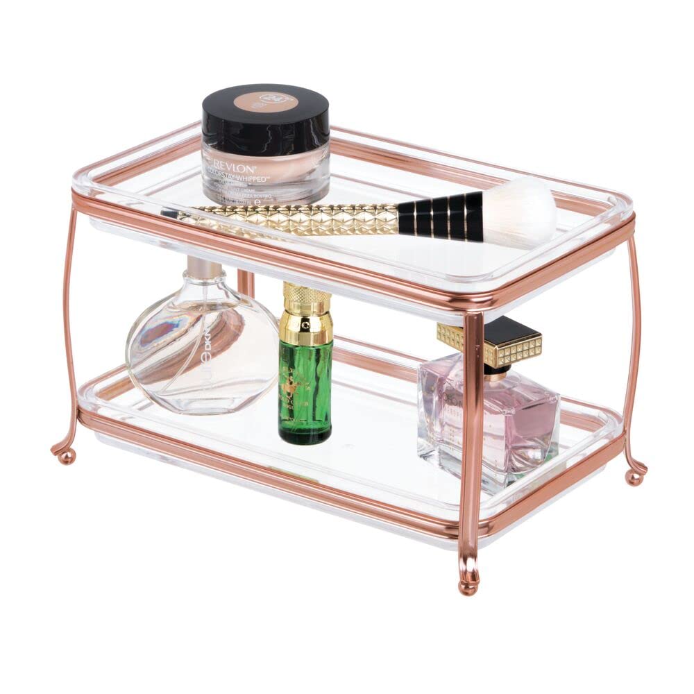 mDesign Decorative Makeup Storage Organizer Vanity Tray - 2-Tier Bathroom Countertop Organizer for Makeup Brushes, Eyeshadow, Lipstick, Perfume & Jewelry | Rose Gold/Clear | Perfect for Vanity, Dressing Table & Bathroom Organization