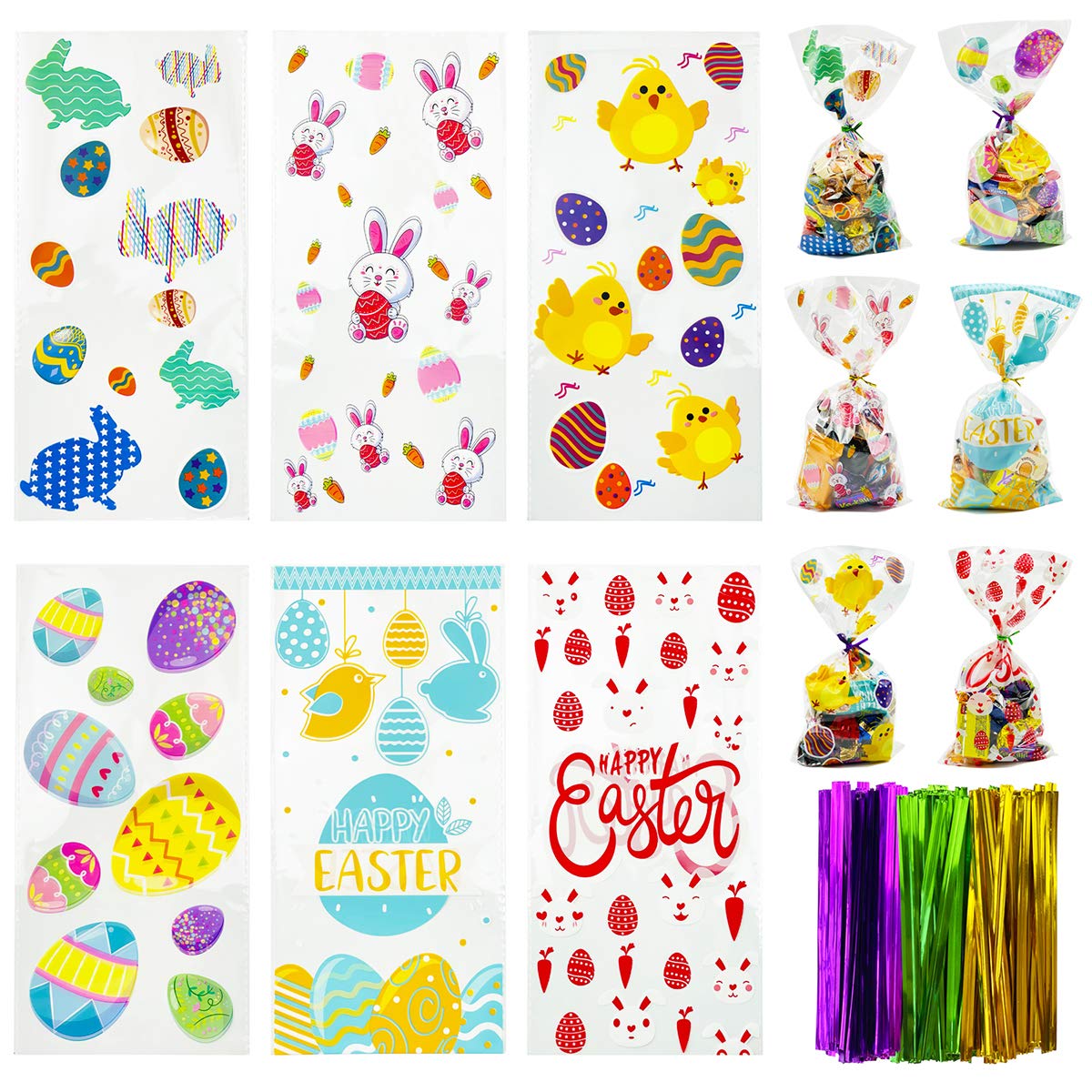 FuraHa 150pcs Easter Cellophane Treat Bags with Ties - 6 Assorted Styles for Candy, Cookies & Party Favors | Perfect for Easter Celebrations, Classroom Treats & Gift Wrapping