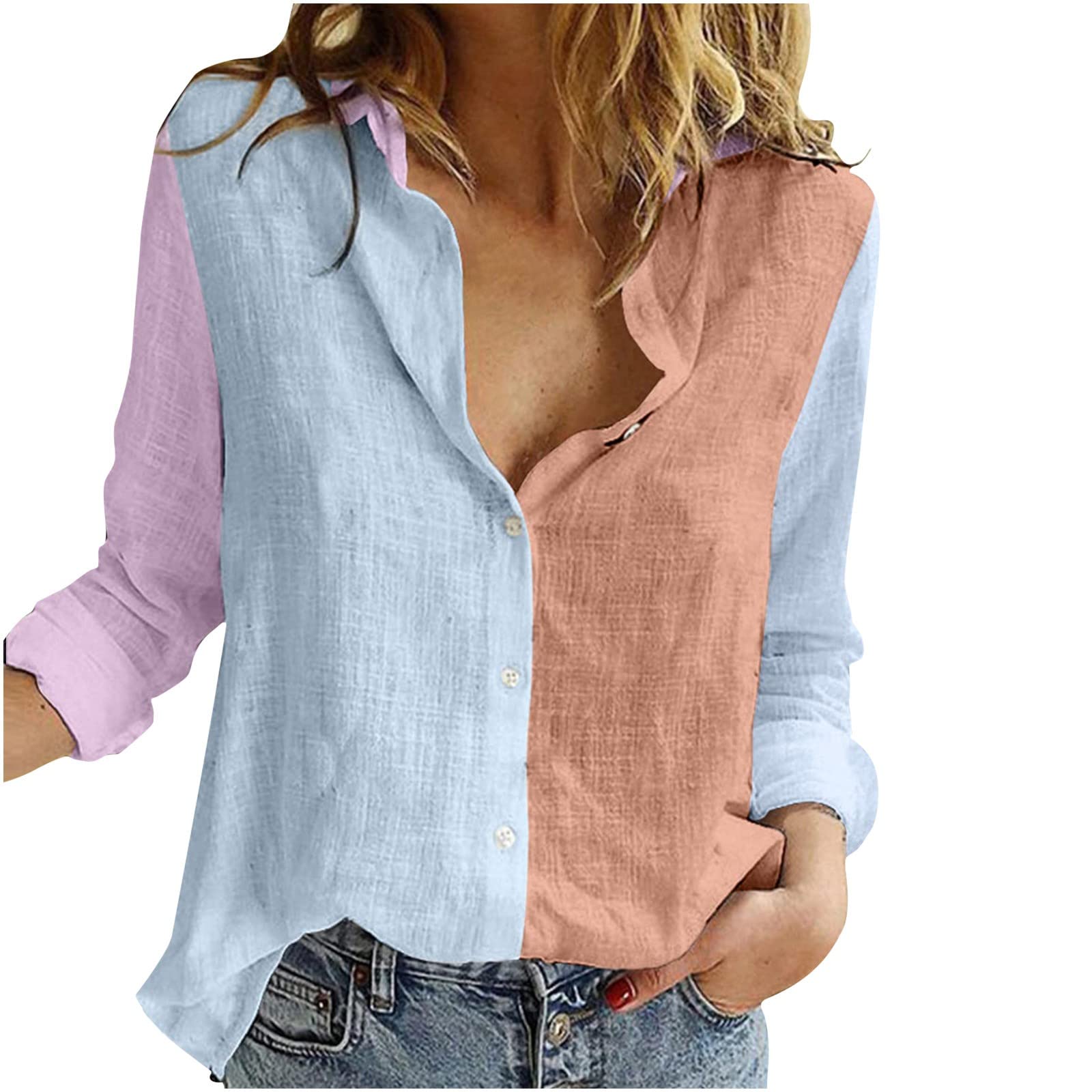 Women's Summer Tops - Lapel V-Neck Patchwork Cotton Linen Blouse with Long Sleeves & Button Down | Casual Office Wear, Beach Cover-Up & Summer Outfits