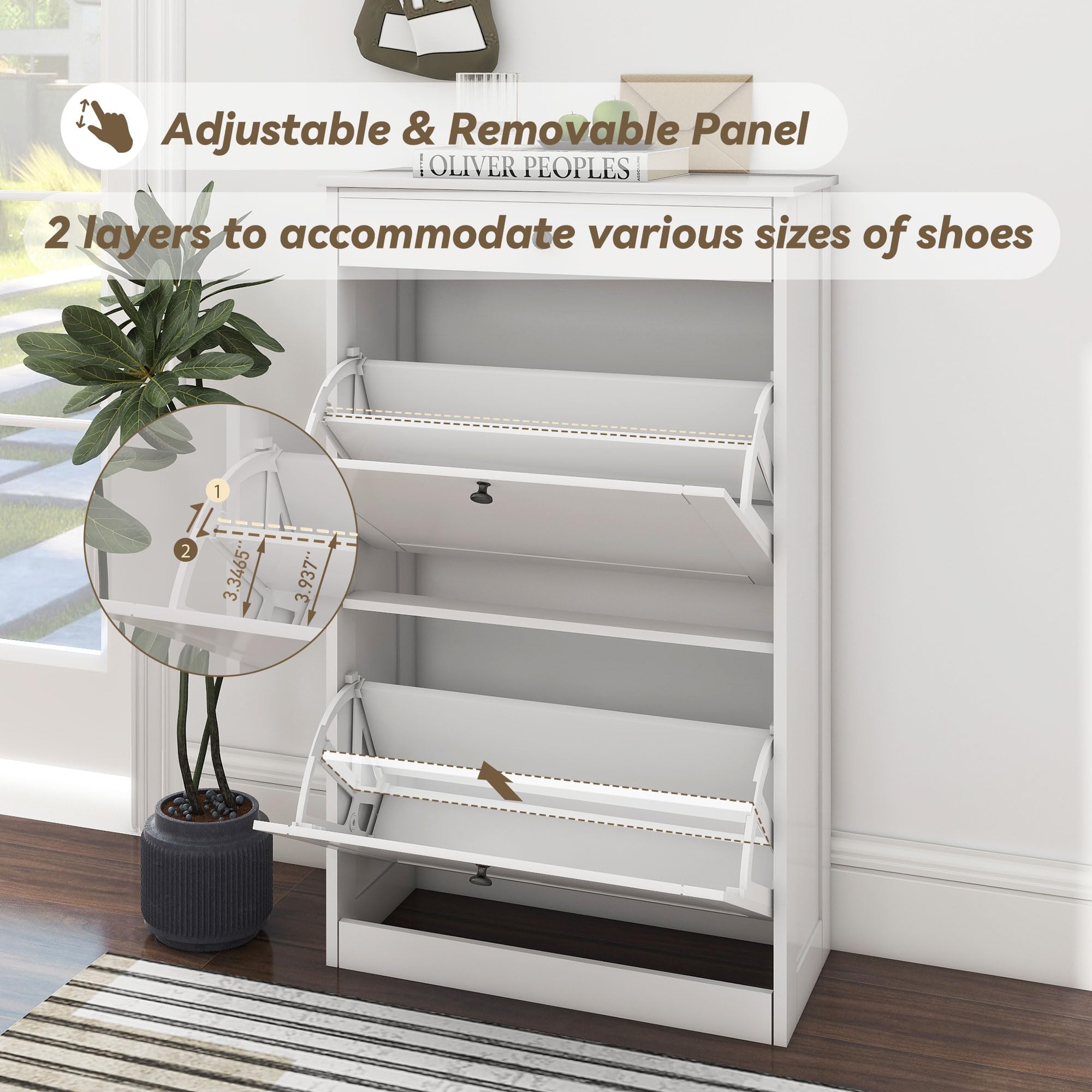 2-Tier Flip-Drawer Shoe Cabinet - Slim Freestanding Hidden Shoe Organizer with Storage Drawers - Pet-Proof Entryway Shoe Storage for Living Room, Hallway & Behind Door - White - Perfect for Small Spaces & Apartment Organization