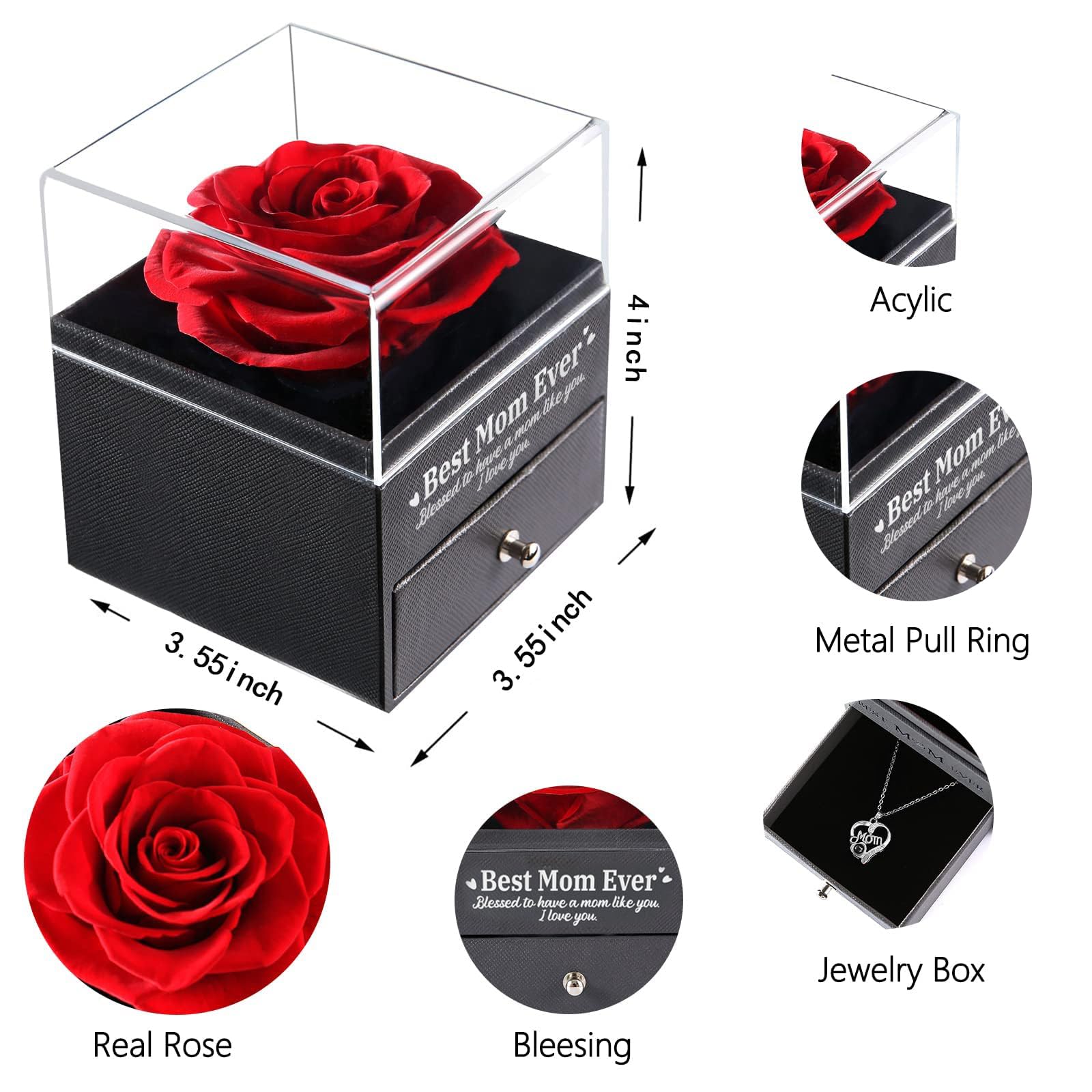 UQUI Preserved Rose Gift Box with 'I Love You' Necklace - Eternal Rose Christmas, Anniversary & Birthday Gifts for Mom, Wife, Women - Perfect for Mother's Day, Valentine's Day & Romantic Occasions