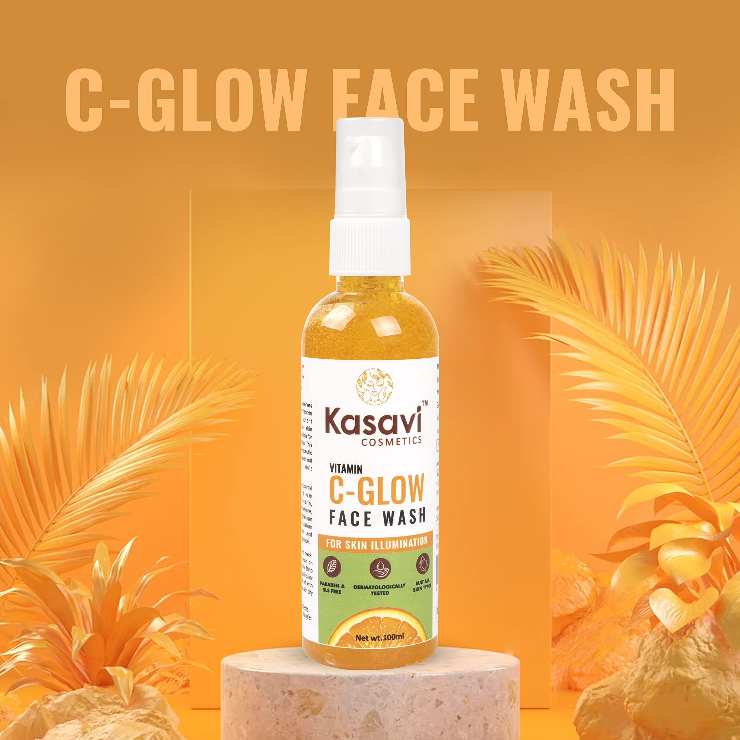 Kasavi Vitamin C Glow Face Wash - Brightening Cleanser for Radiant Skin (100ml) | Pack of 2 | Gentle Daily Facial Cleanser for Dullness & Uneven Skin Tone | Perfect for Morning & Night Skincare Routine