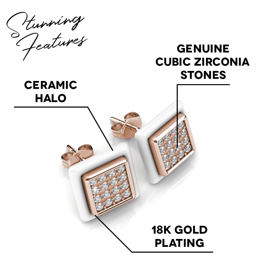 Cate & Chloe Kennedi Brass Stud Earrings with Ceramic Halo & Crystals – Hypoallergenic Women's Jewelry for Everyday Wear, Gift & Special Occasions