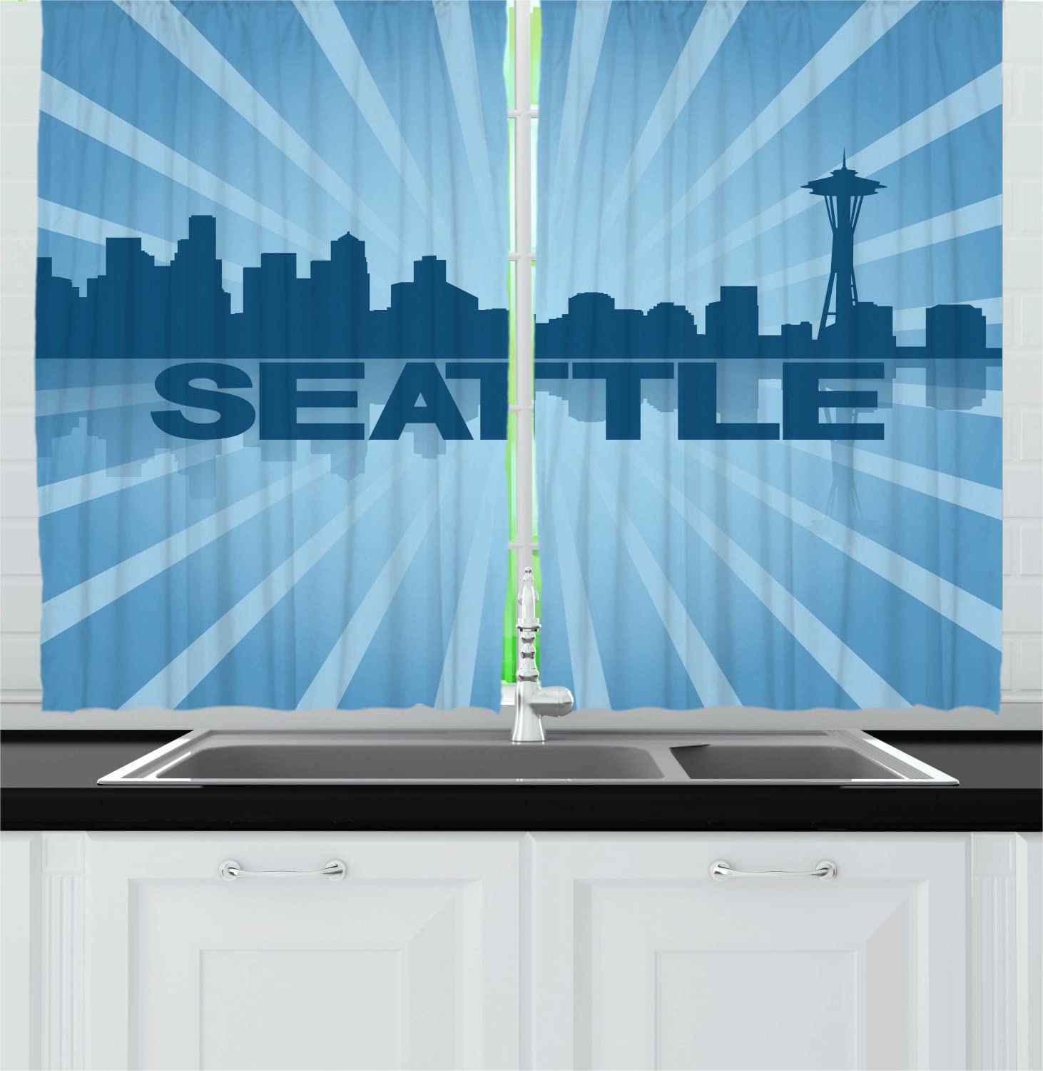 Ambesonne Seattle Skyline Long Kitchen Curtains - Blue Monochrome Art with Bold Lettering & Silhouette - 2 Panel Rod Pocket Drapes (55