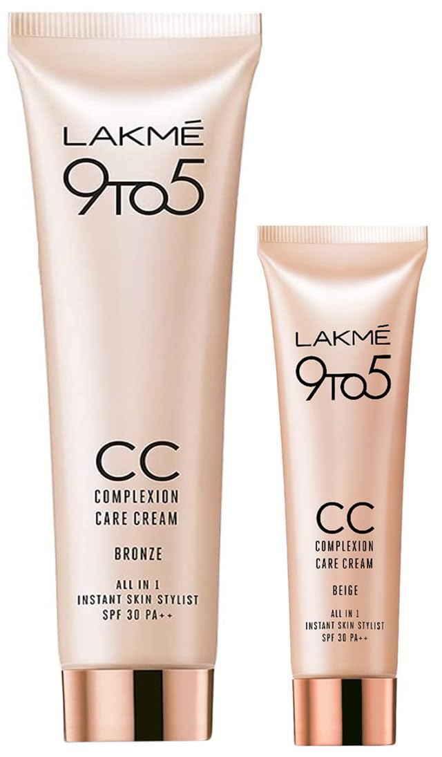 LAKMÉ Complexion Care Acne Prone Face Cream with Glossy Finish - Beige 9G & 9 To 5 Complexion Light CC Cream SPF 30 - Bronze 30G (2-Pack) | Conceals Dark Spots & Blemishes | Daily Makeup & Sun Protection for Oily & Acne-Prone Skin