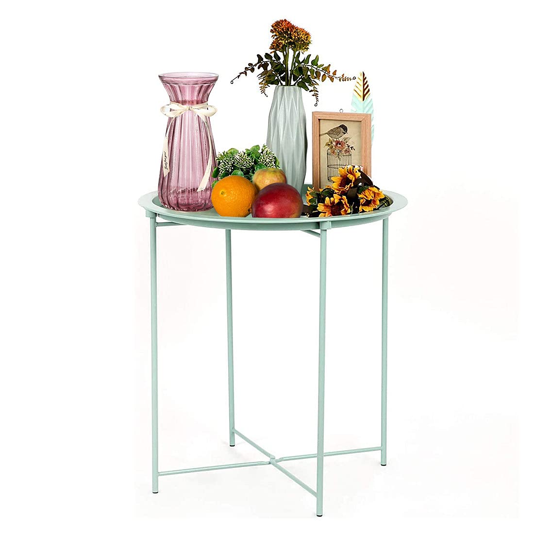 Takefuns Folding Tray Metal Side Table - Small Round End Table for Sofa, Rustproof & Waterproof Coffee Table for Indoor/Outdoor Use - Perfect for Living Room, Patio, or Bedroom Snack Table