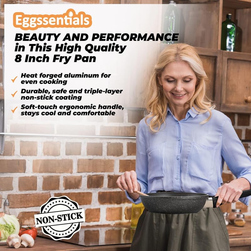 Eggssentials 2-in-1 Nonstick Egg Pan & Poacher - Granite Coated Frying Skillet with Lid for Perfect Poached & Fried Eggs - PFOA Free, Food Safe Cookware with Spatula (4 Cups) - Ideal for Breakfast, Brunch & Meal Prep